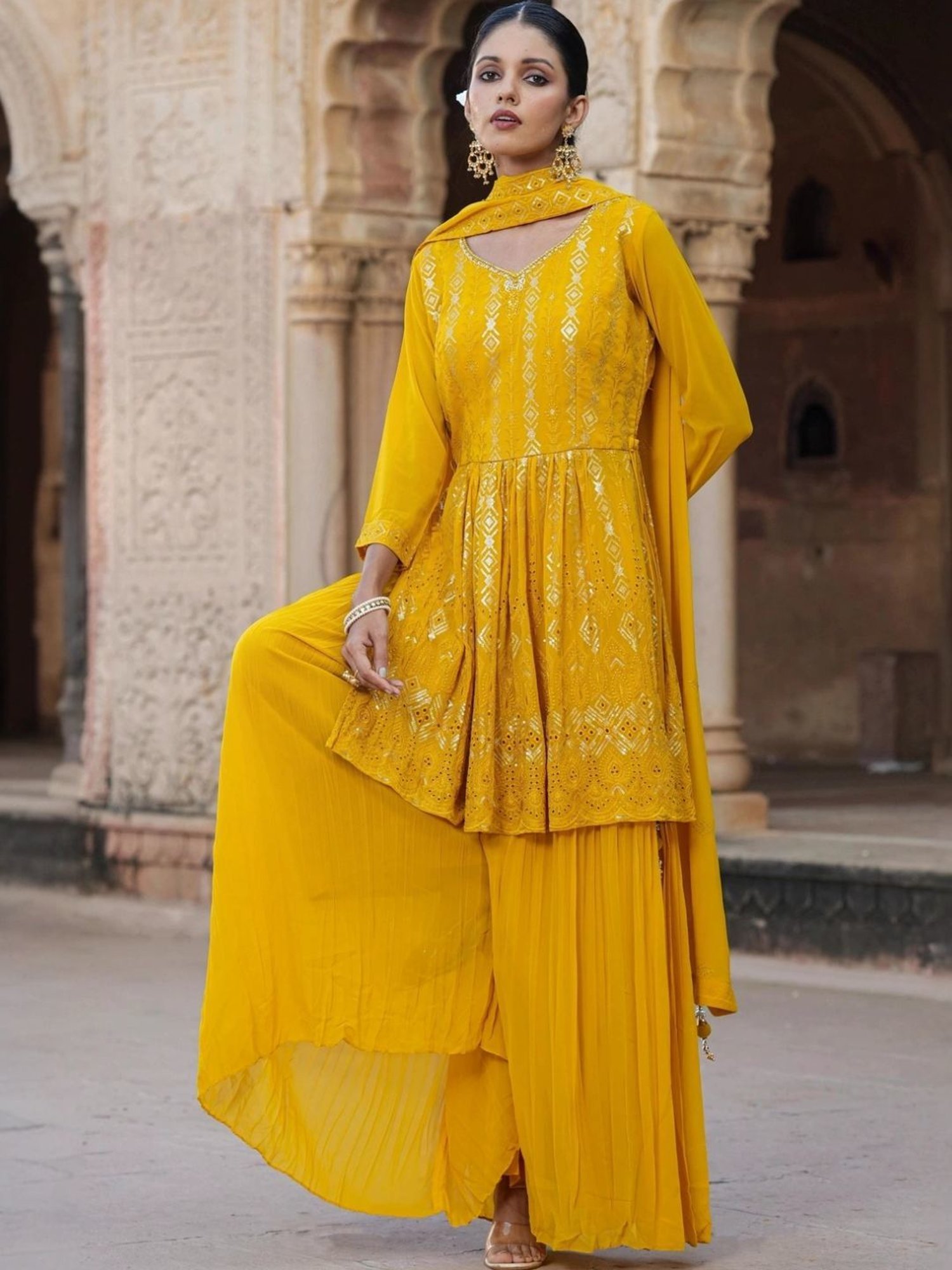 Scakhi Mustard Georgette Sequin Embroidered Suit Set Tunic With Palazzo And Dupatta