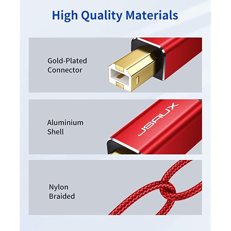 Printer Cable,  10ft USB 2.0 Type A Male to B Male Printer Scanner Cord High Speed Compatible with HP, Canon, Dell, Epson, Lexmark, Xerox, Samsung and More (Red)