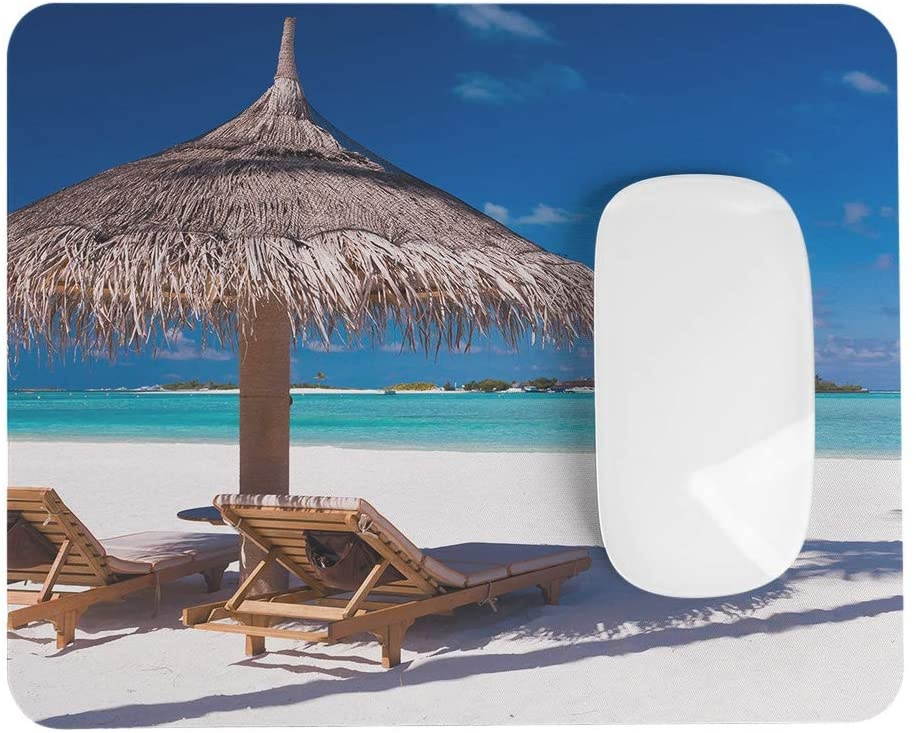Wozukia Beach Mouse Pad Two Chairs and Umbrella on A Beach with Shadow from Palm Tree Tranquil Scenery Mouse Pad Computer Accessories Home Office Space Cubicle Gaming Mouse Pad Design 9.5 X 7.9 Inch