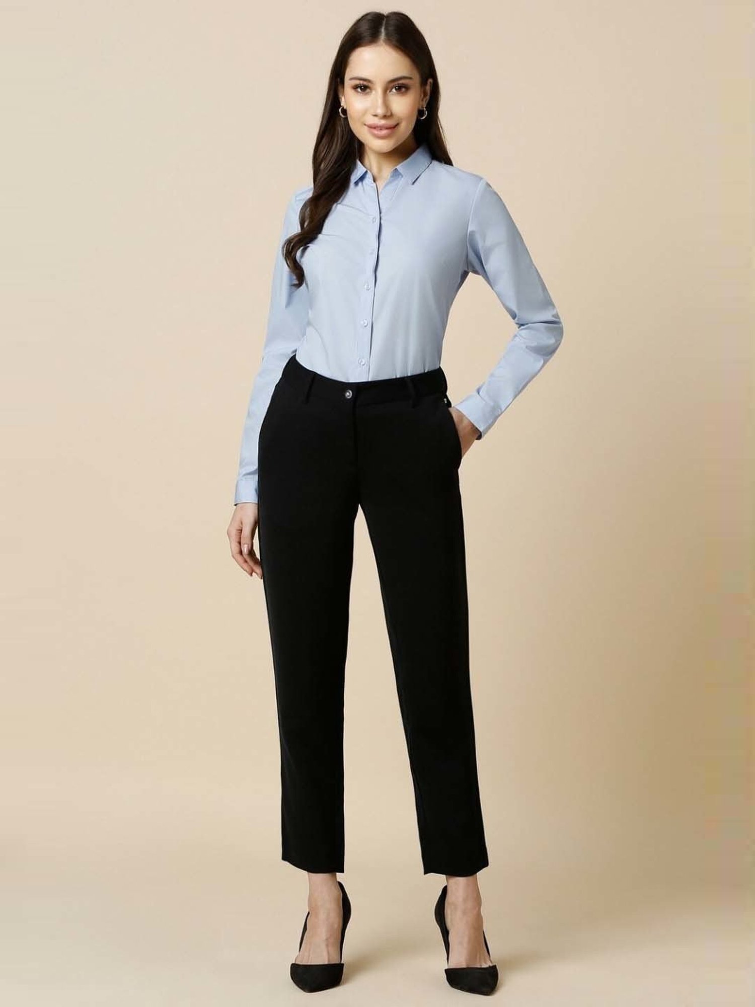 Crozo By Cantabil Black Checks Regular Fit Mid Rise Trousers