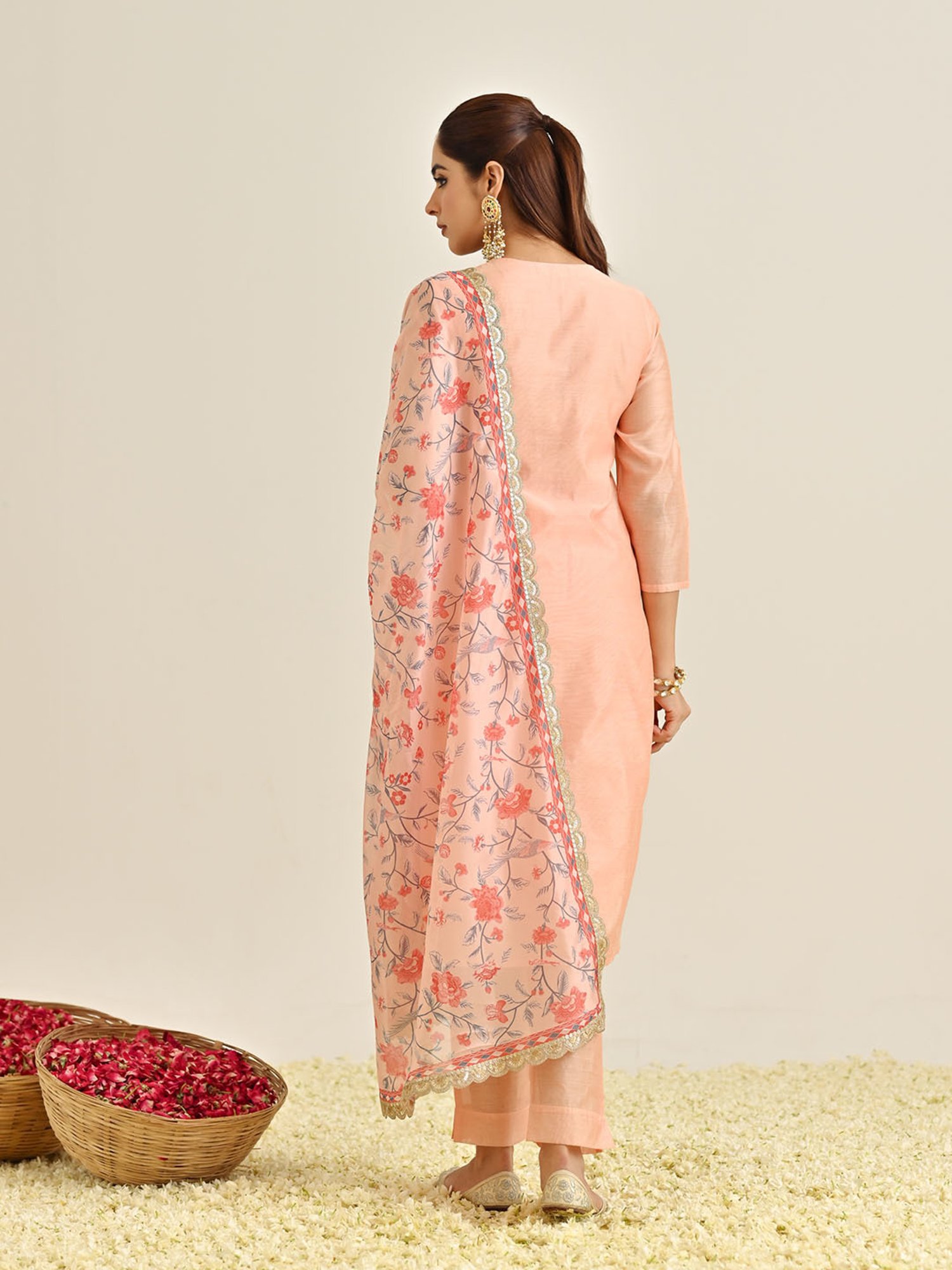 Rustorange Peach Embroidered Kurta With Pant & Dupatta