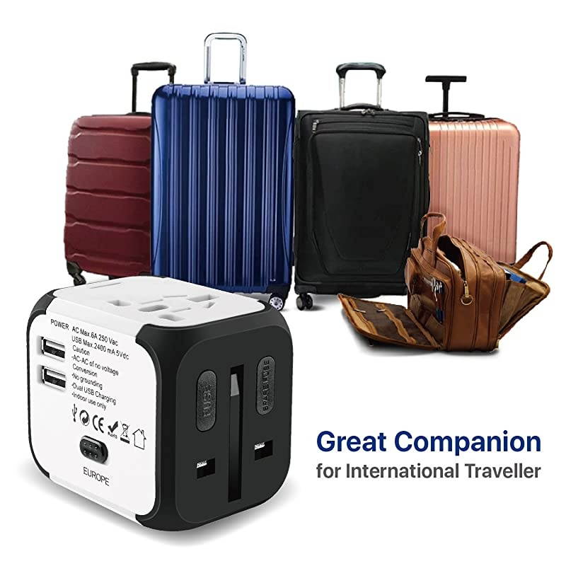 International Universal Power Adapter Converter with 2 USB Charging Ports All in One Travel Worldwide Plug Builtin Spare Fuse AC Socket Wall Outlet for US EU UK AU CN 150 Countries White