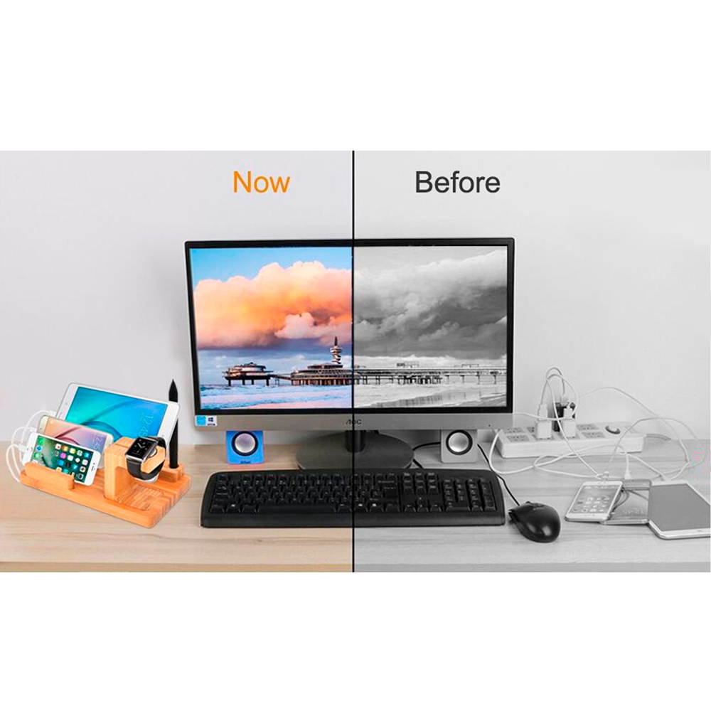 Mignova Multiple Devices Charging Dock Station,Bamboo Wood Stand iPhone Charging Dock with 3 X Phone & Tablet Holders 1 X Watch Holder 3 X Pen Holders for Smartphone,Tablet,Watch,Pen