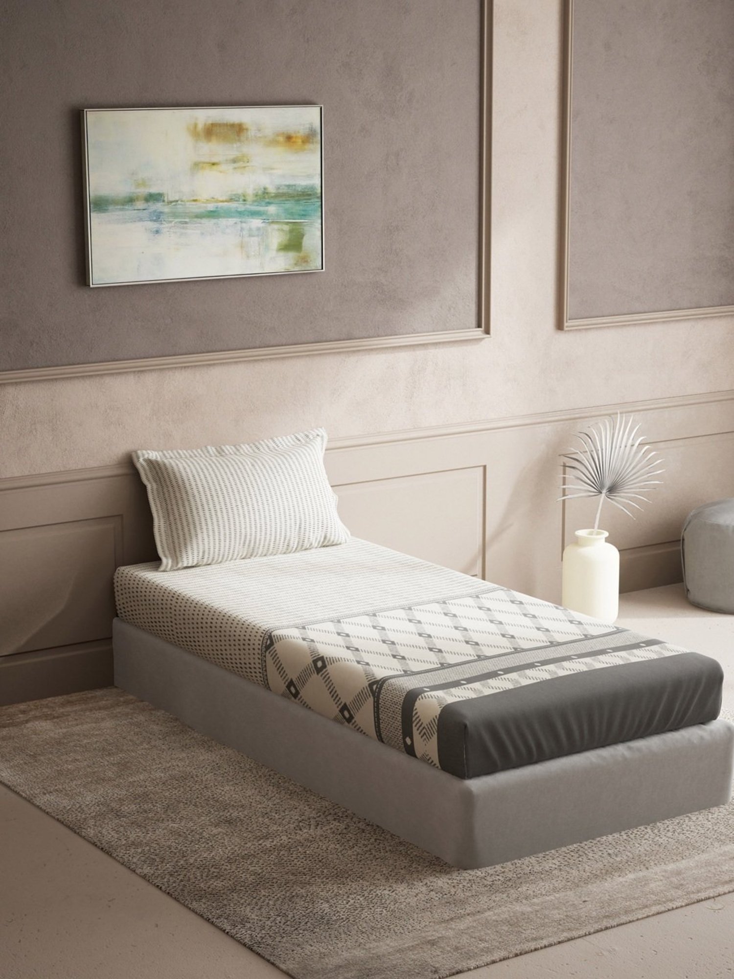 DDecor Ethnic Grey 150 TC Cotton Single Bedsheet with 2 Pillow Covers