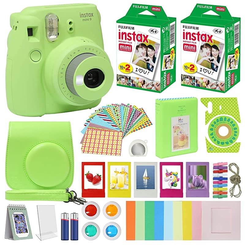 Film Instax Mini 9 Instant Camera Lime Green with Carrying Case + Instax Film Value Pack 40 Sheets Accessories Bundle Color Filters Photo Album Assorted Frames Selfie Lens + More