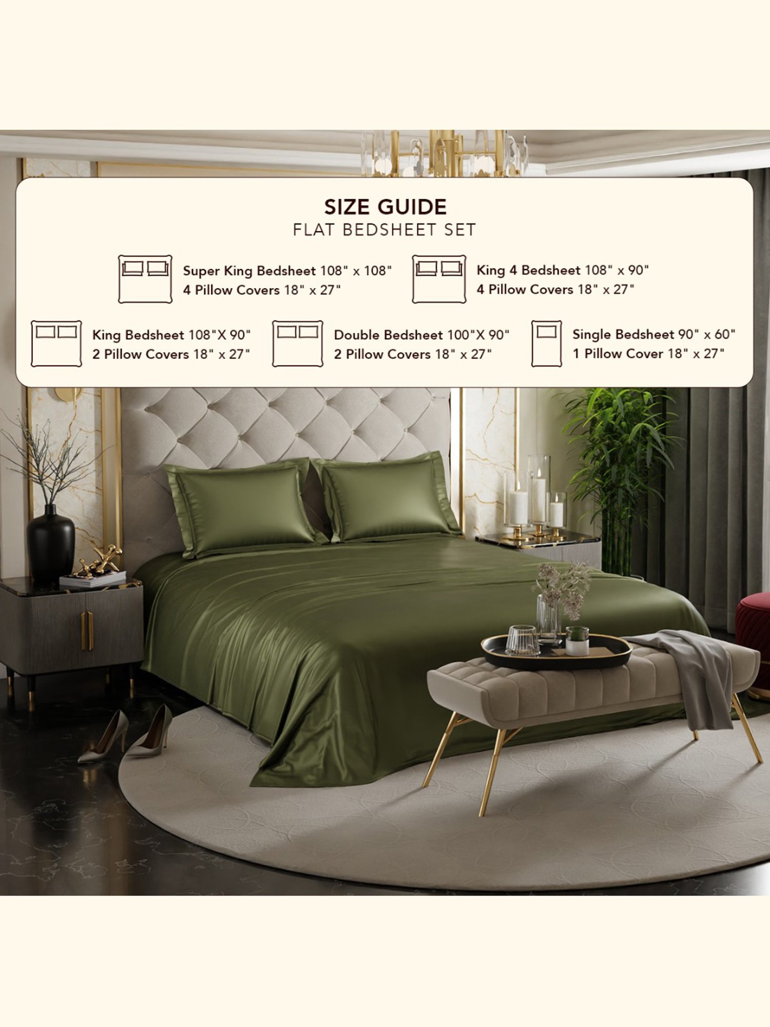 Stoa Paris Date Night Collection Olive Oasis Polyester 300 TC Double Bed Sheet With 2 Pillow Covers
