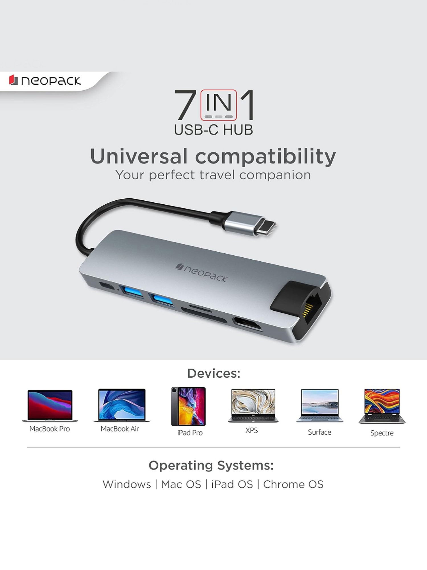 Neopack 7 in 1 USB C Hub Multiport Adapter with SD-TF Card Slots, USB 3.0 5Gbps Data Ports (Silver)
