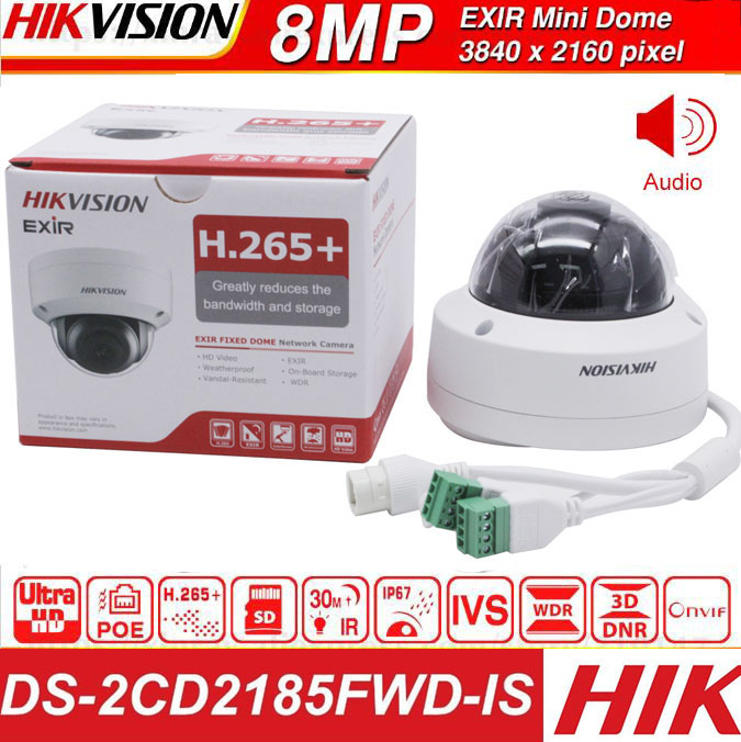 Hikvision New Original English version Dome IP POE DS-2CD2185FWD-IS 8MP Outdoor H.265 Updatable CCTV Camera With Audio and Alarm Interface security Camera, (8MP, 2.8 Fixed Lens, 1Pcs)