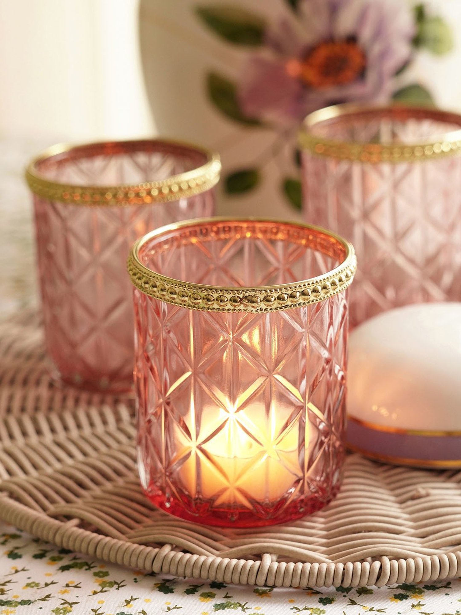 Pure Home and Living Pink Glass Tea Light Holder - Set of 2