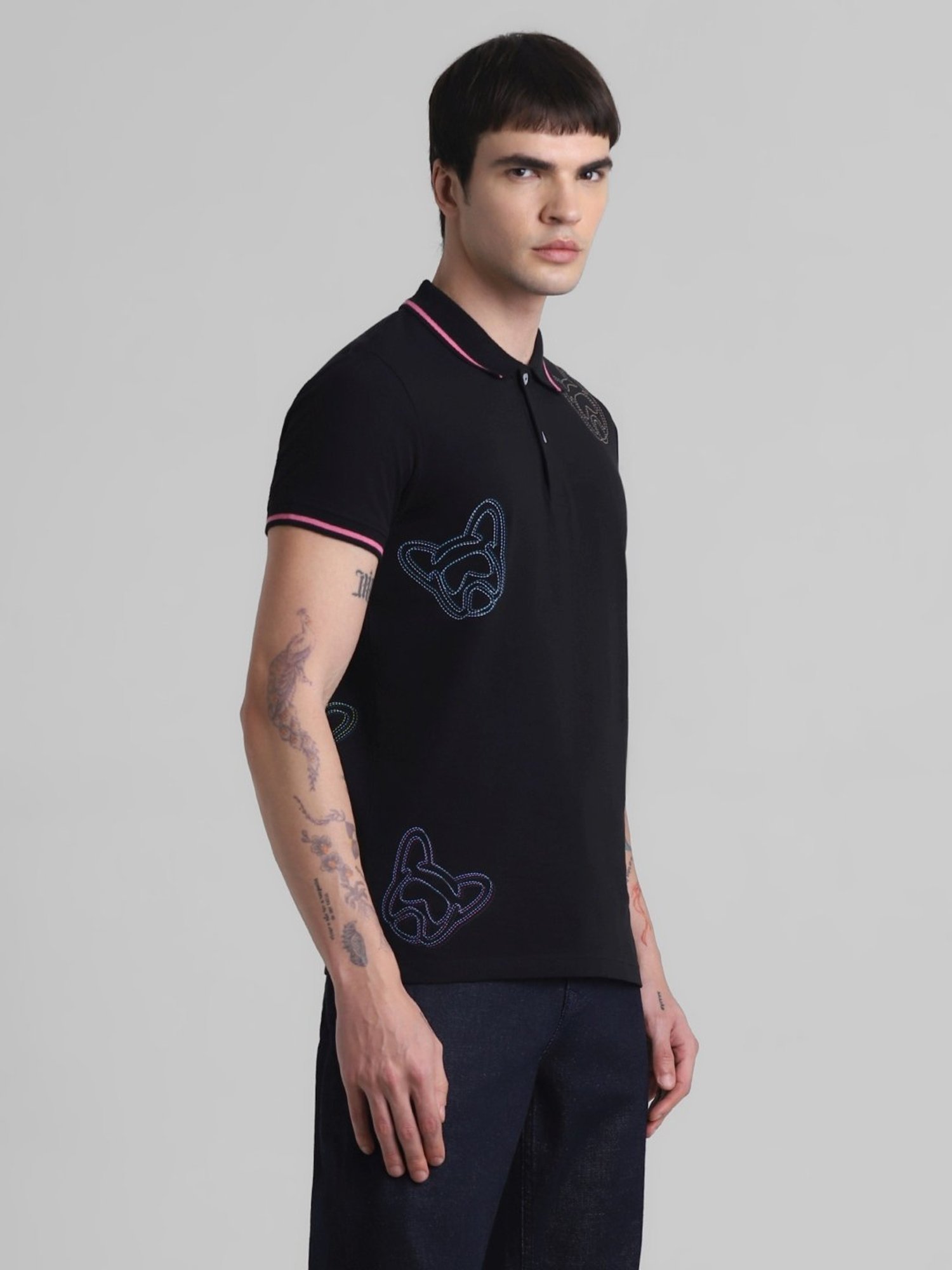 Jack & Jones Jet Black Cotton Slim Fit Self Pattern Polo T-Shirt