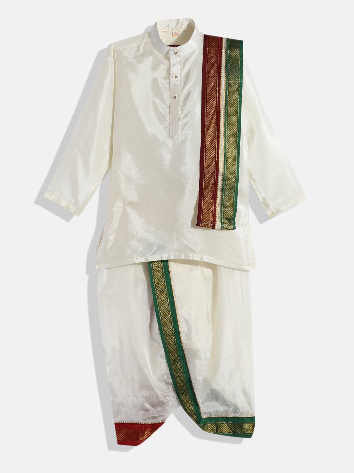 THANGAMAGAN Kids Cream Solid Full Sleeves Kurta, Panjagajam with Mayilkan