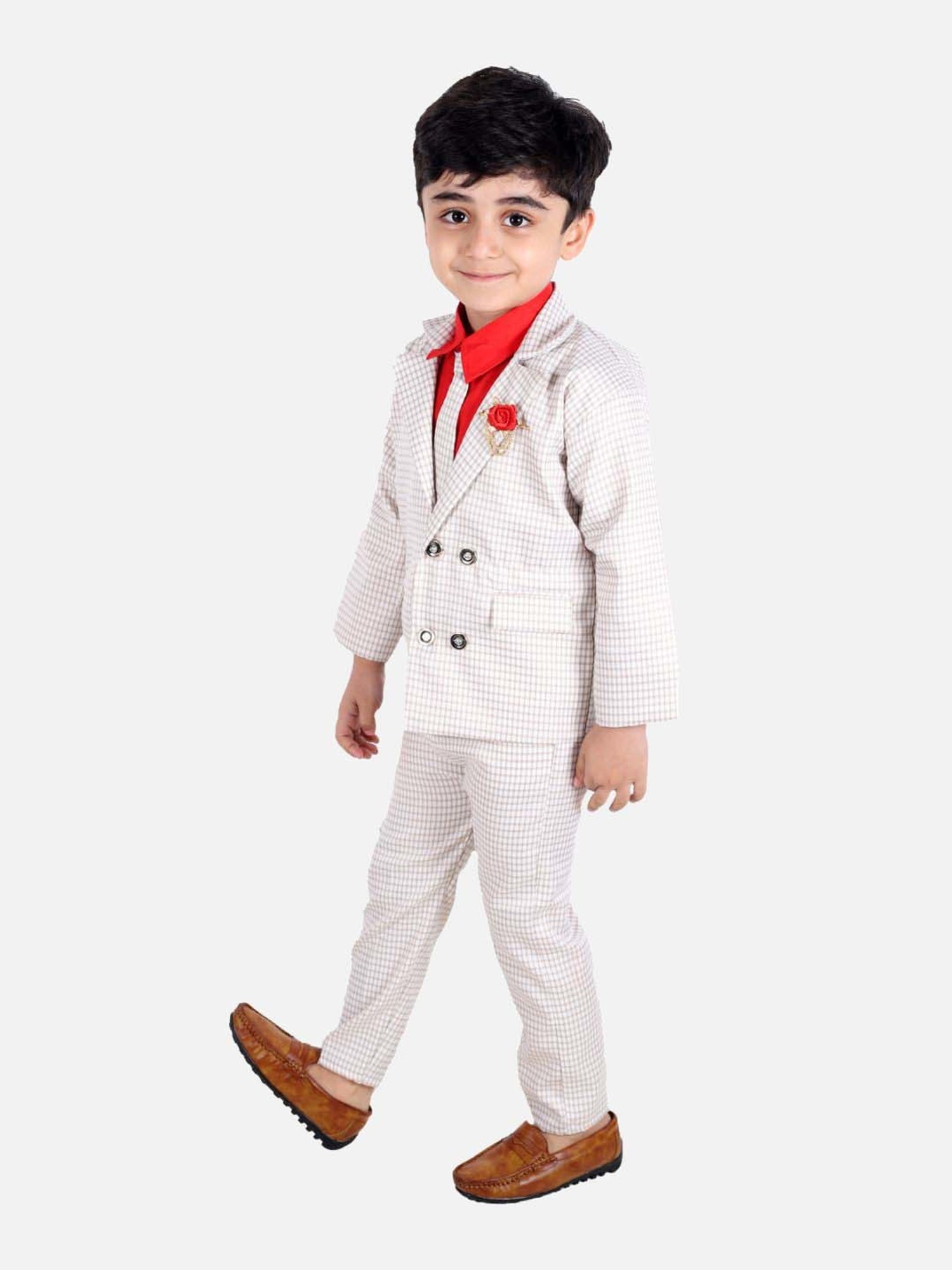 Fourfolds Boys Red Checks Full Sleeves Clothing Set