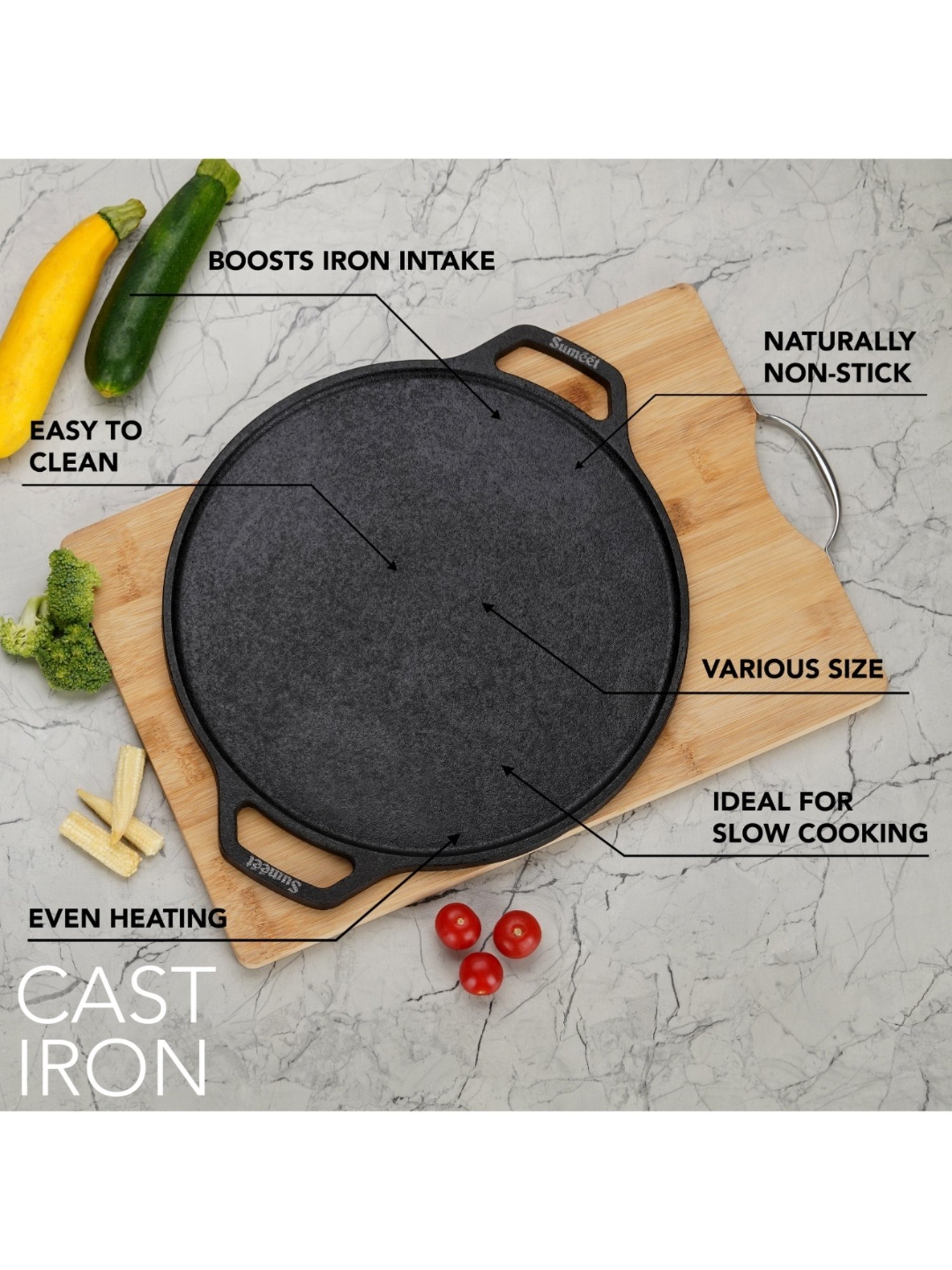 Sumeet Pre Seasoned Heavy Weight Cast Iron Flat Dosa Tawa,Induction Friendly, 30cm, Weight-3.070Kg