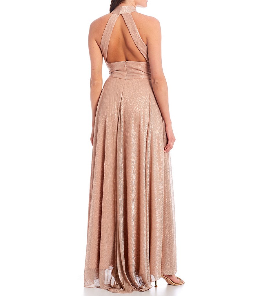Betsy & Adam Open Back Metallic Crinkle Chiffon Gown