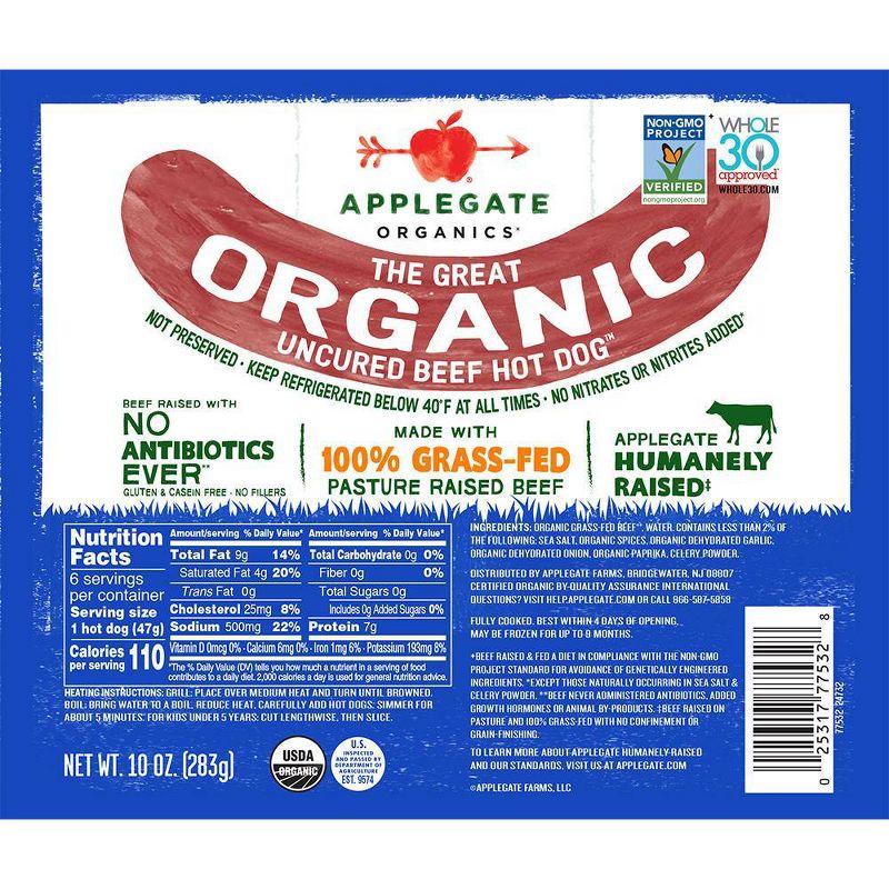 Applegate Grassfed The Great Organic Uncured Beef Hot Dog - 10oz