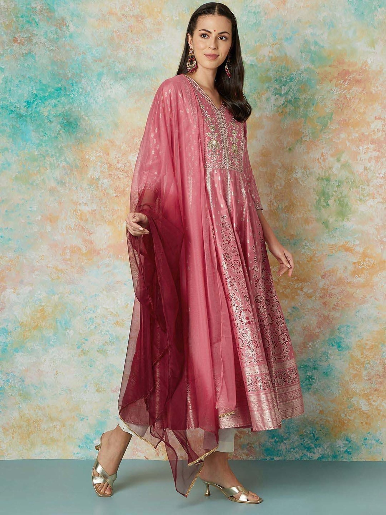 Melange by Lifestyle Pink Embroidered Kurta & Pant Set With Dupatta