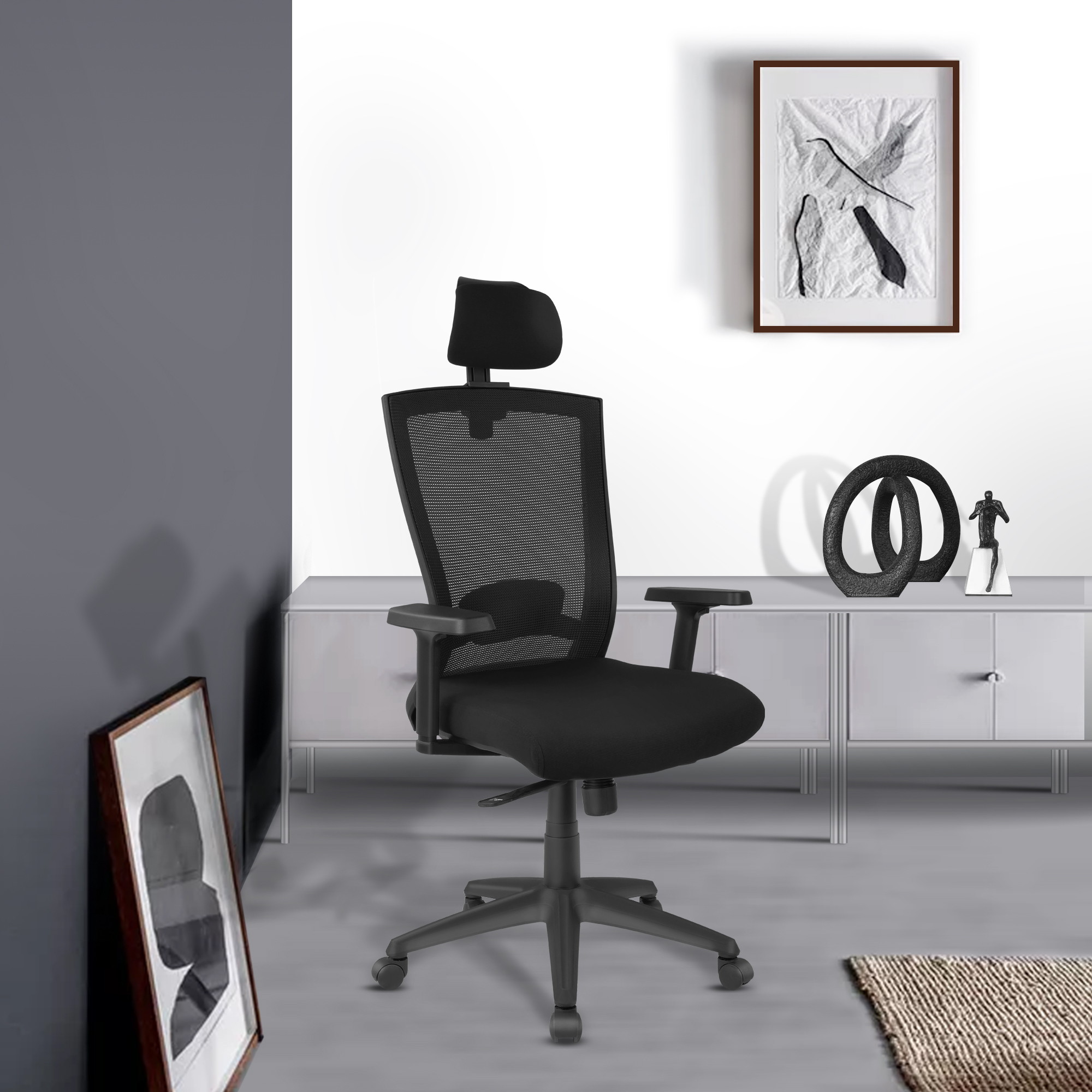 Mesh Ergonomic Office Desk Chair with Headrest, Swivel Computer Gaming Chair Reclined and Lockable Comfortable High-Back Executive Chair with Adjustable Arms, and Lumbar Support, Black