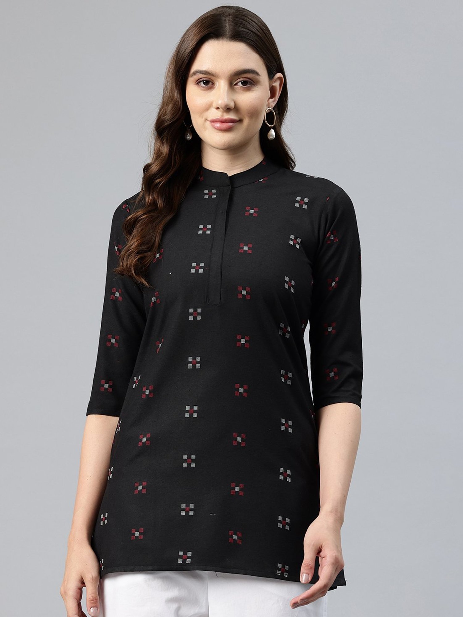 One Femme Black Cotton Embroidered A Line Kurti