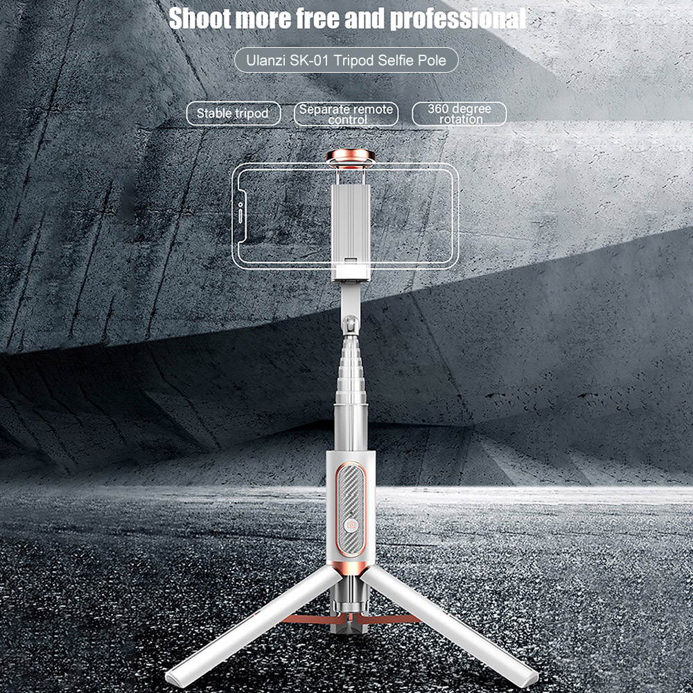 Ulanzi SK-01 Integrated Design Selfie Rod Wireless BT Remote Control Stable Tripod Bracket Portable Retractable Selfie Pole with Phone Bracket for Shooting Photos Videos Live Streaming White