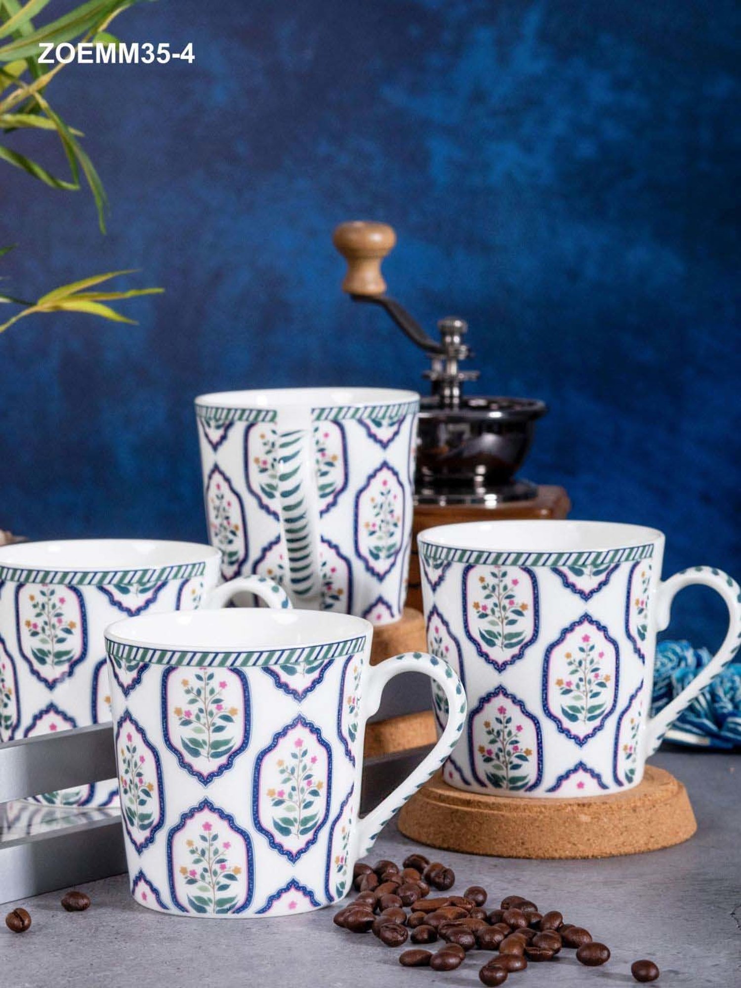 Goodhomes White & Blue Bone China Coffee Mug (0.32 L) - Set of 4