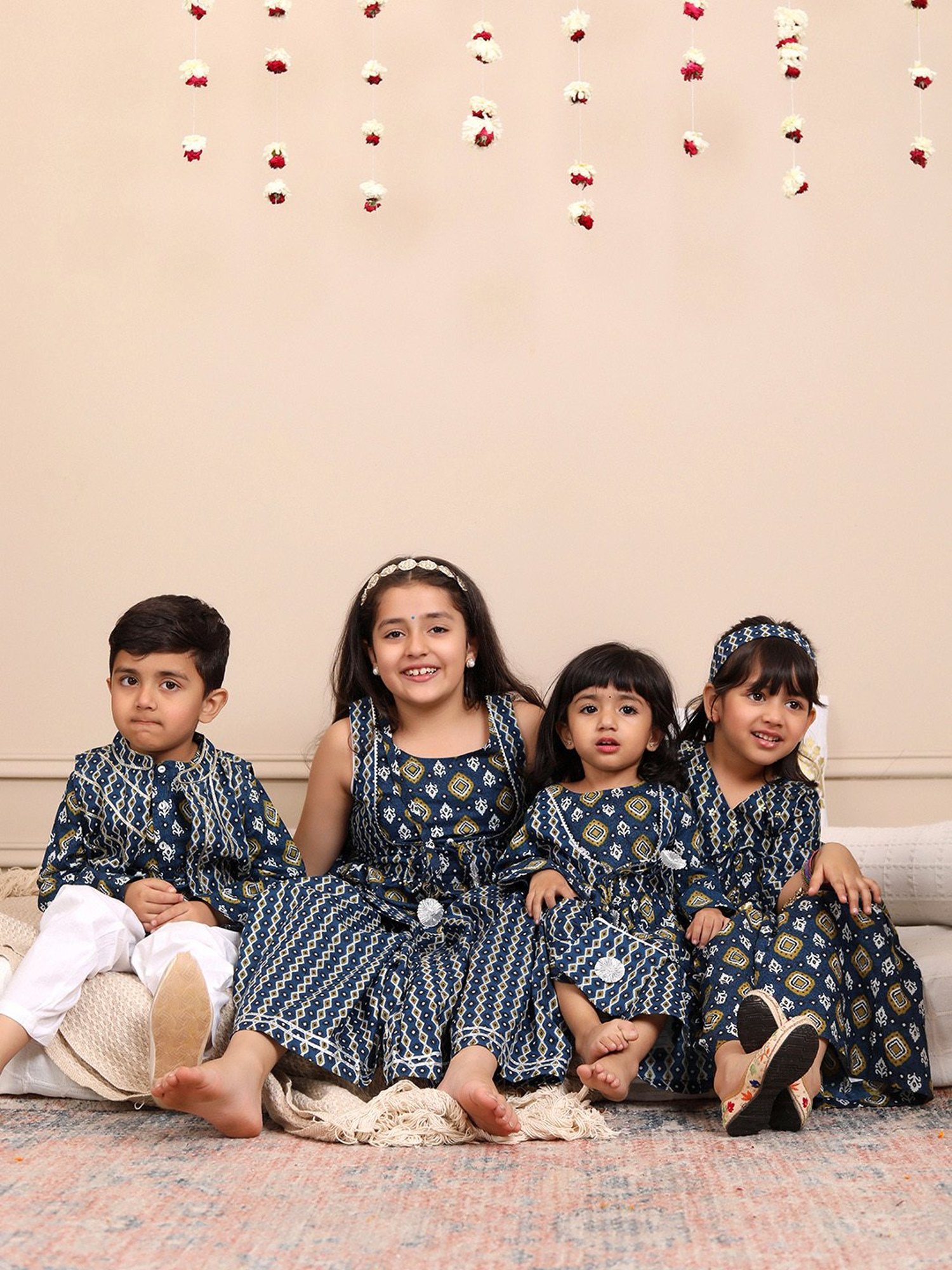 Budding Bees Girls Navy Printed Full Sleeves Top, Gharara with Hairband