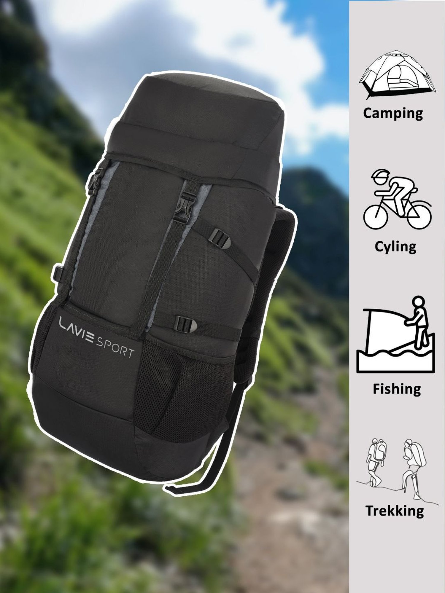 Lavie Sport Black Polyester Solid Rucksack - 45 Ltrs