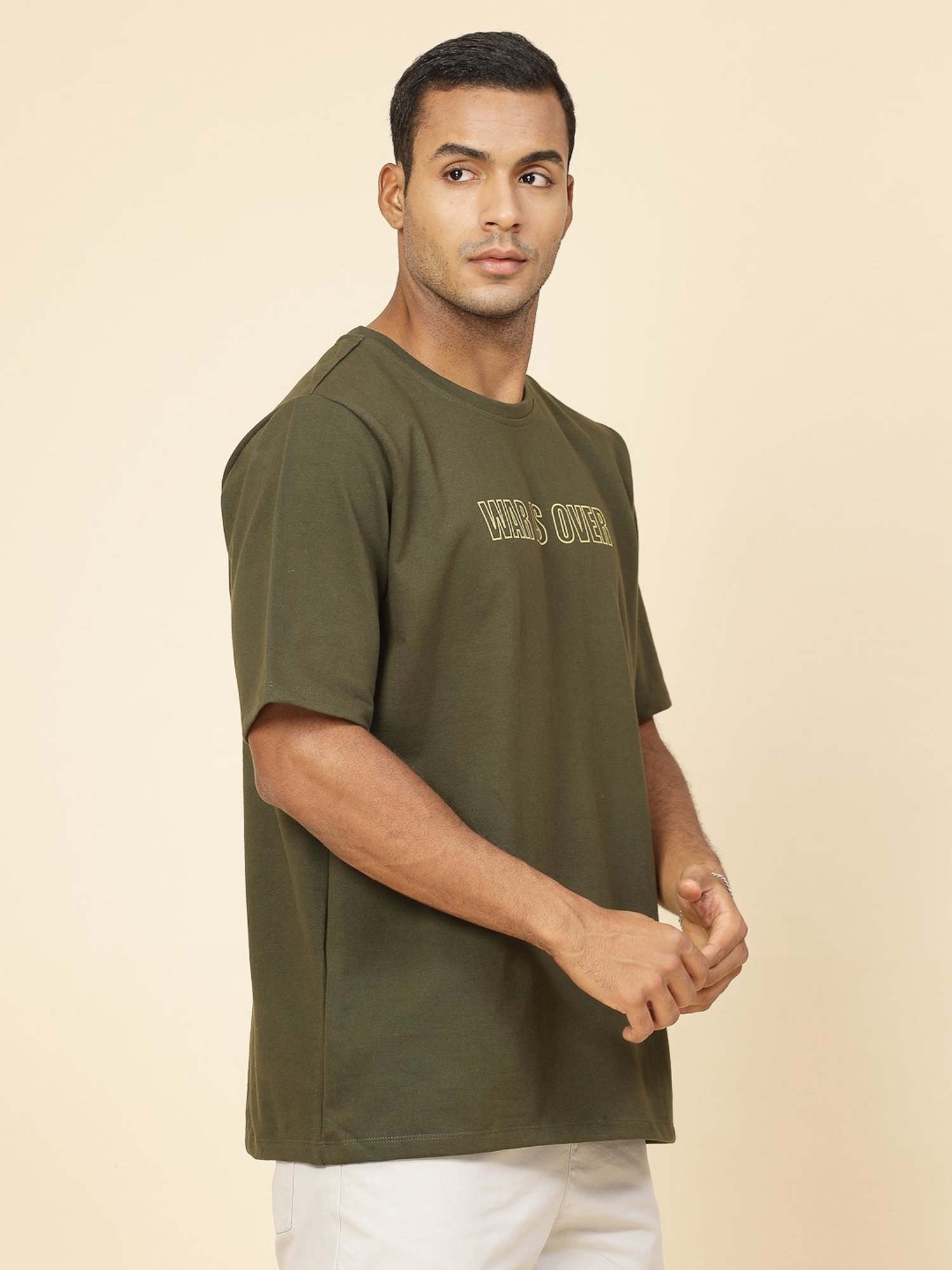 Rigo Army Green Cotton Loose Fit Typography T-Shirt
