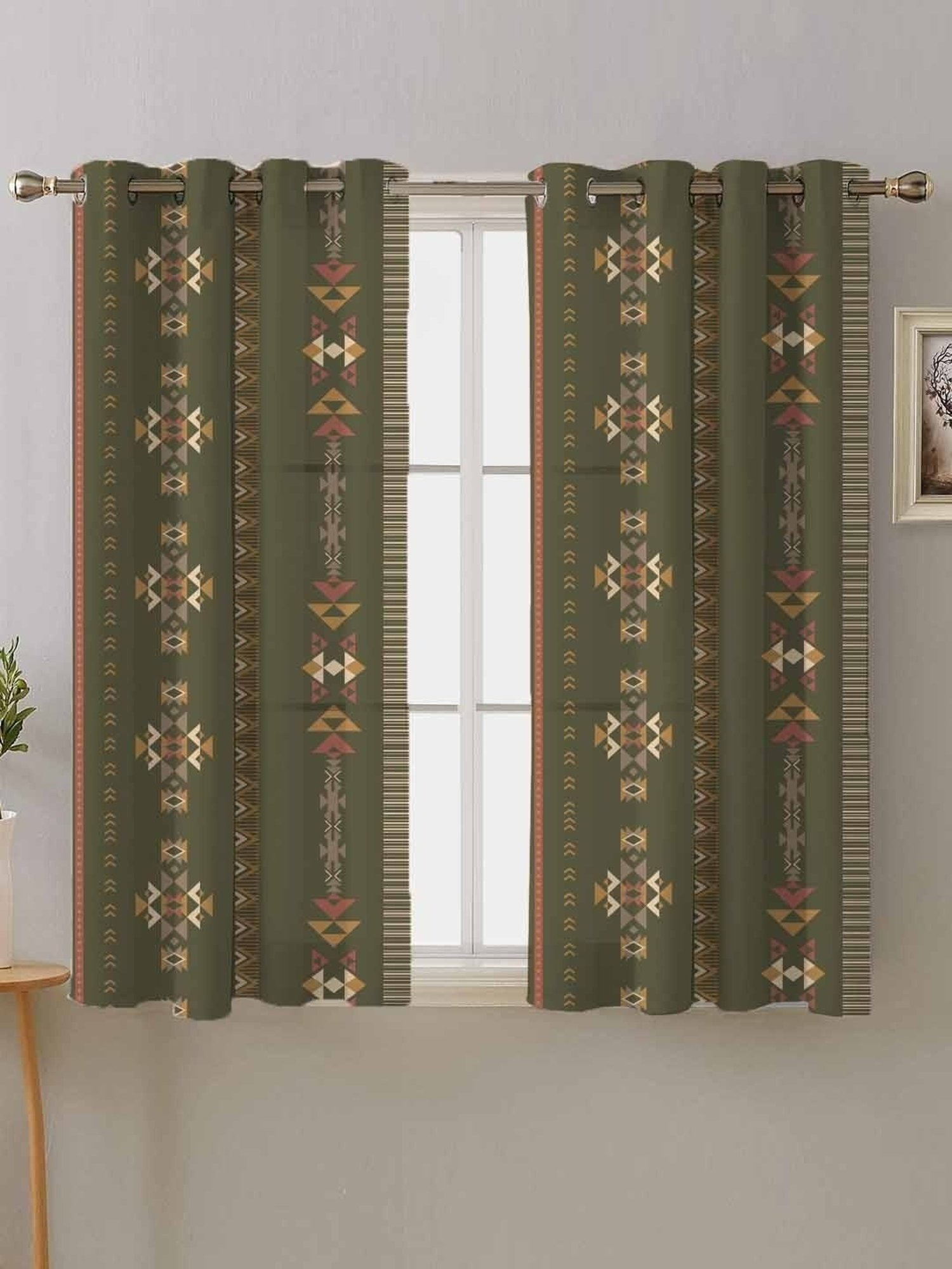 SPACES DRAPE STORY Boho Digital Print Khaki Polyester 5 ft Window Curtains - Set of 2