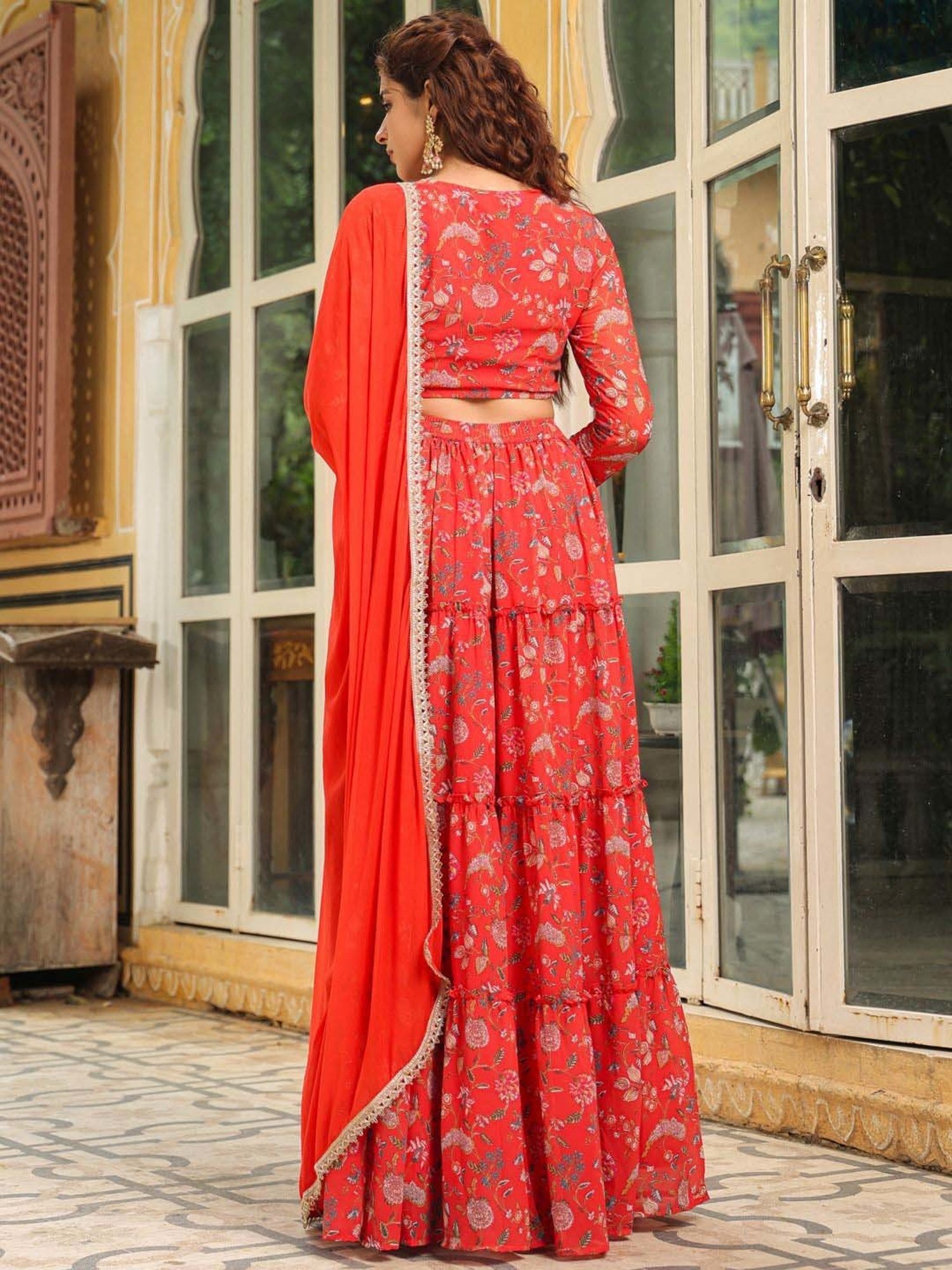Janasya Red Printed Lehenga Choli Set With Dupatta