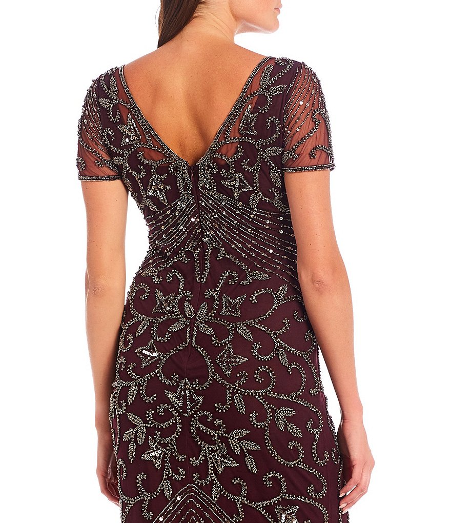 Jkara Petite Size 3/4 Sleeve Lined Illusion Crew Neck Beaded Gown