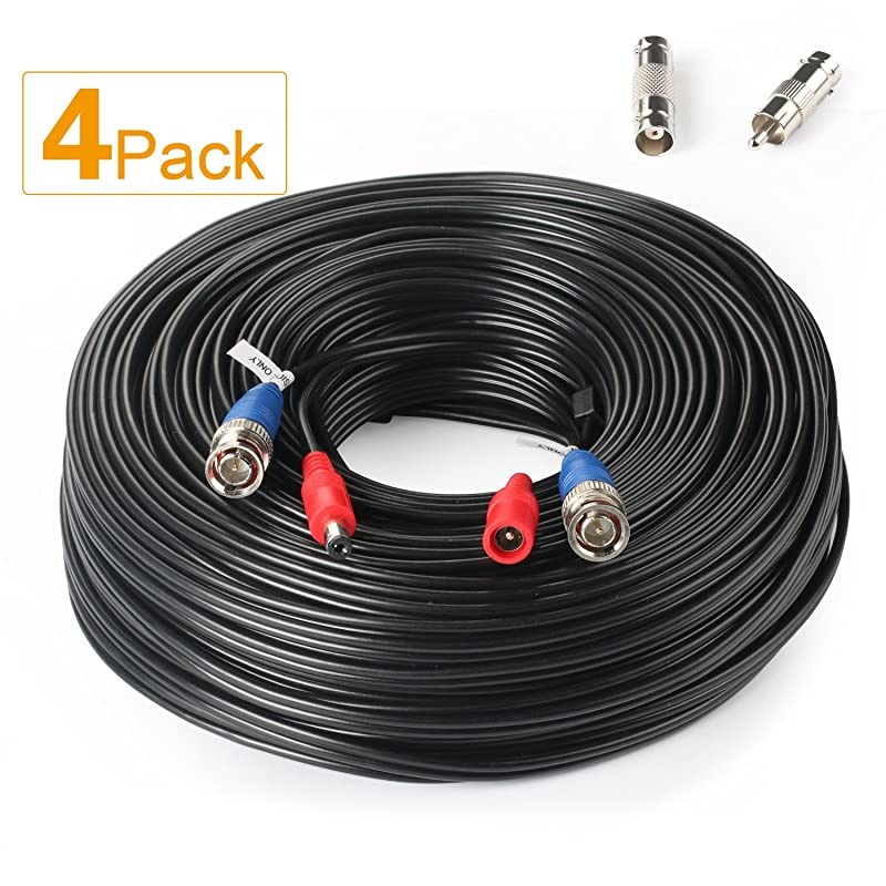 4Pack 33Feet BNC Vedio Power Cable Pre-Made Al-in-One Camera Video BNC Cable Wire Cord for Surveillance CCTV Security System with Connectors(BNC Female and BNC to RCA)