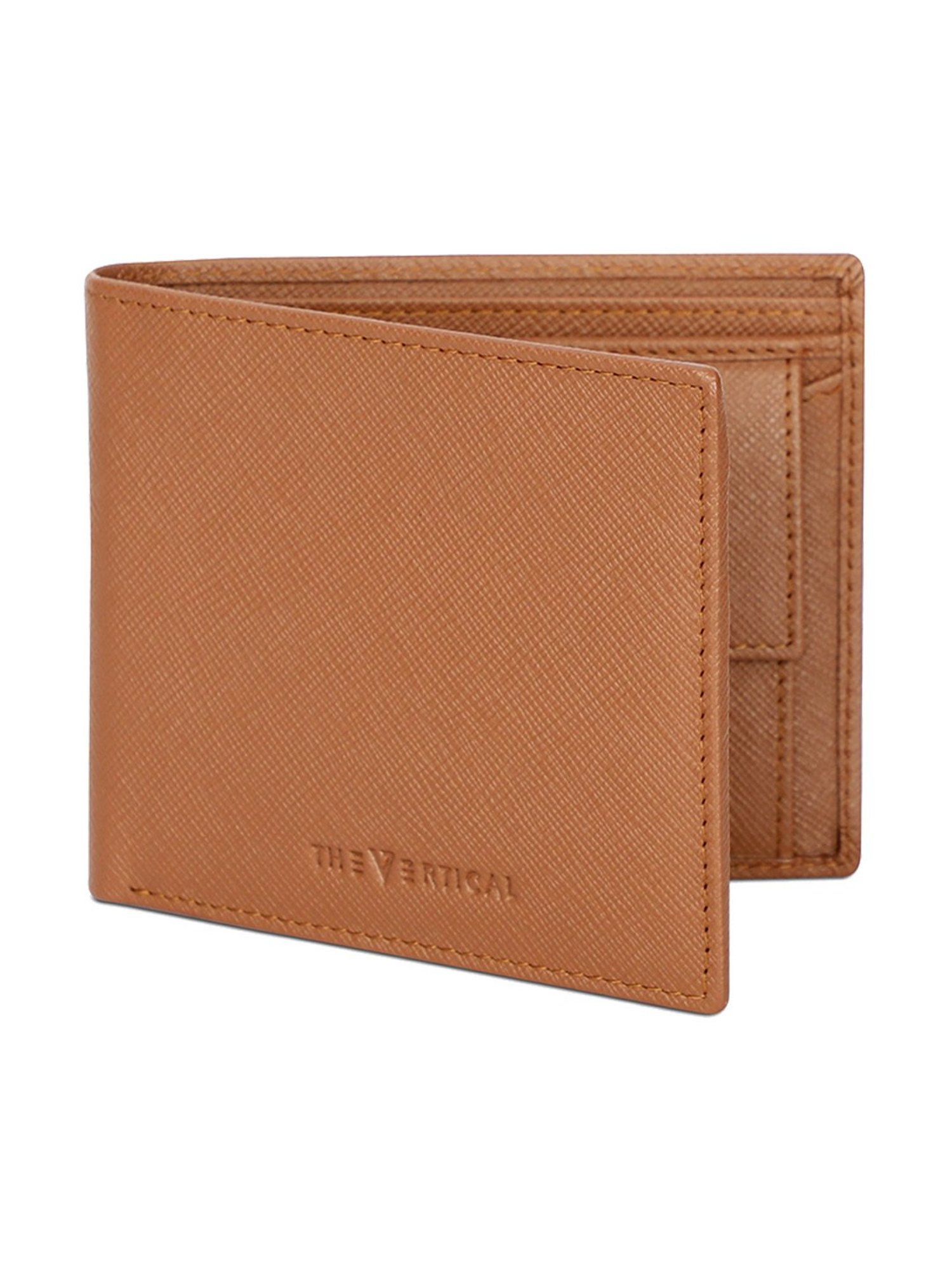 The Vertical Tan Textured Leather Bi-Fold Wallet for Men