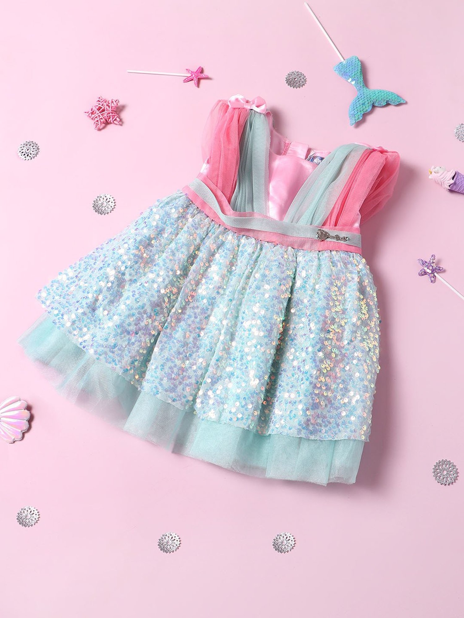 Nauti Nati Kids Pink & Blue Embellished Dress
