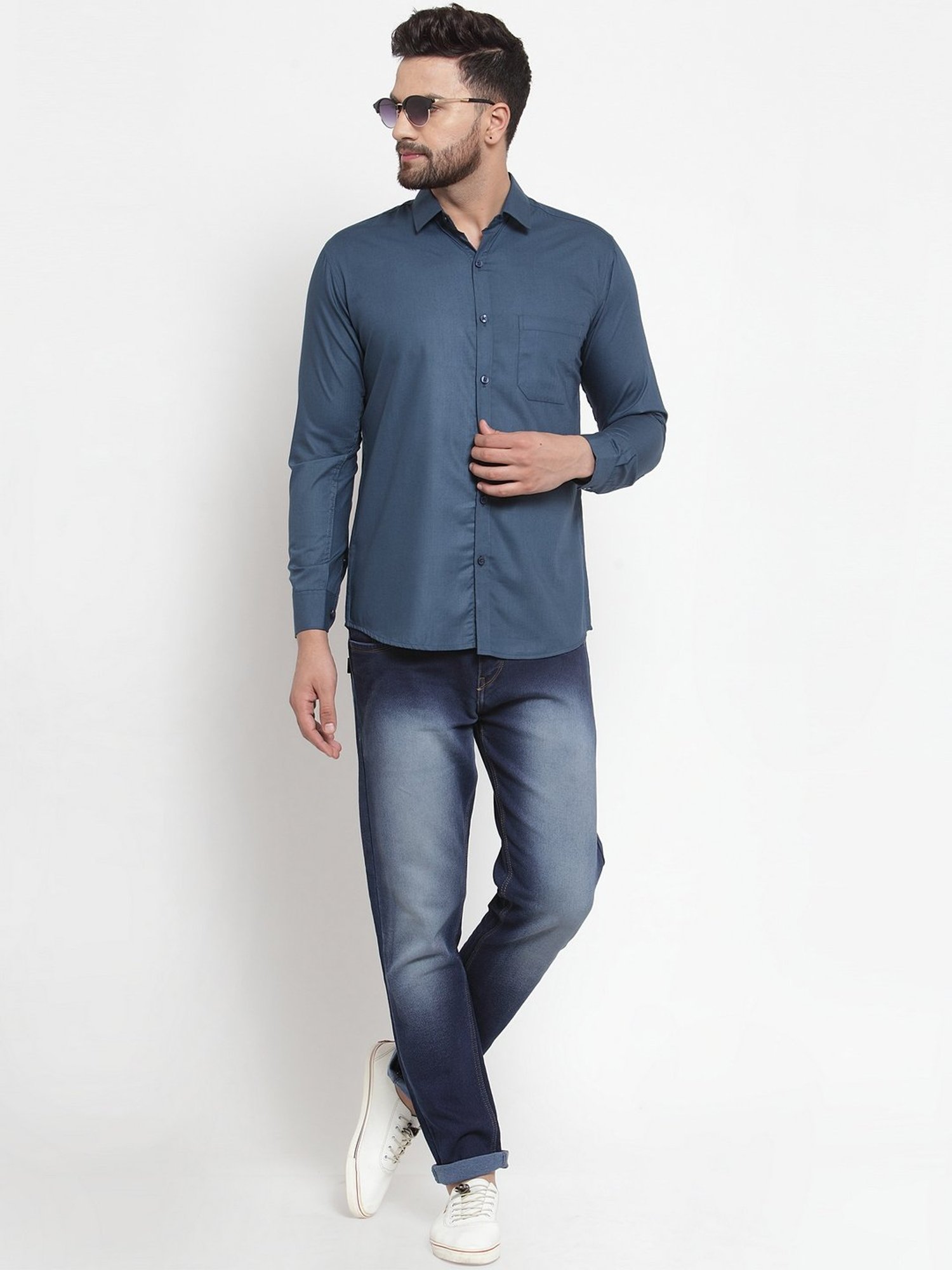 Jainish Navy Cotton Regular Fit Shirt