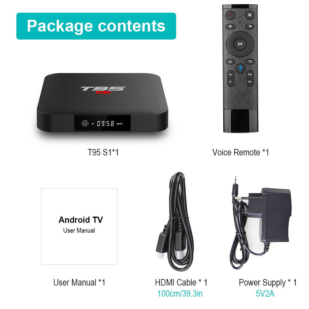 T95 S1 Android 7.1 TV BOX 1G/8G  Amlogic S905W Quad Core Media Player 2.4GHz WiFi Smart Voice Remote Control 4K TV Box