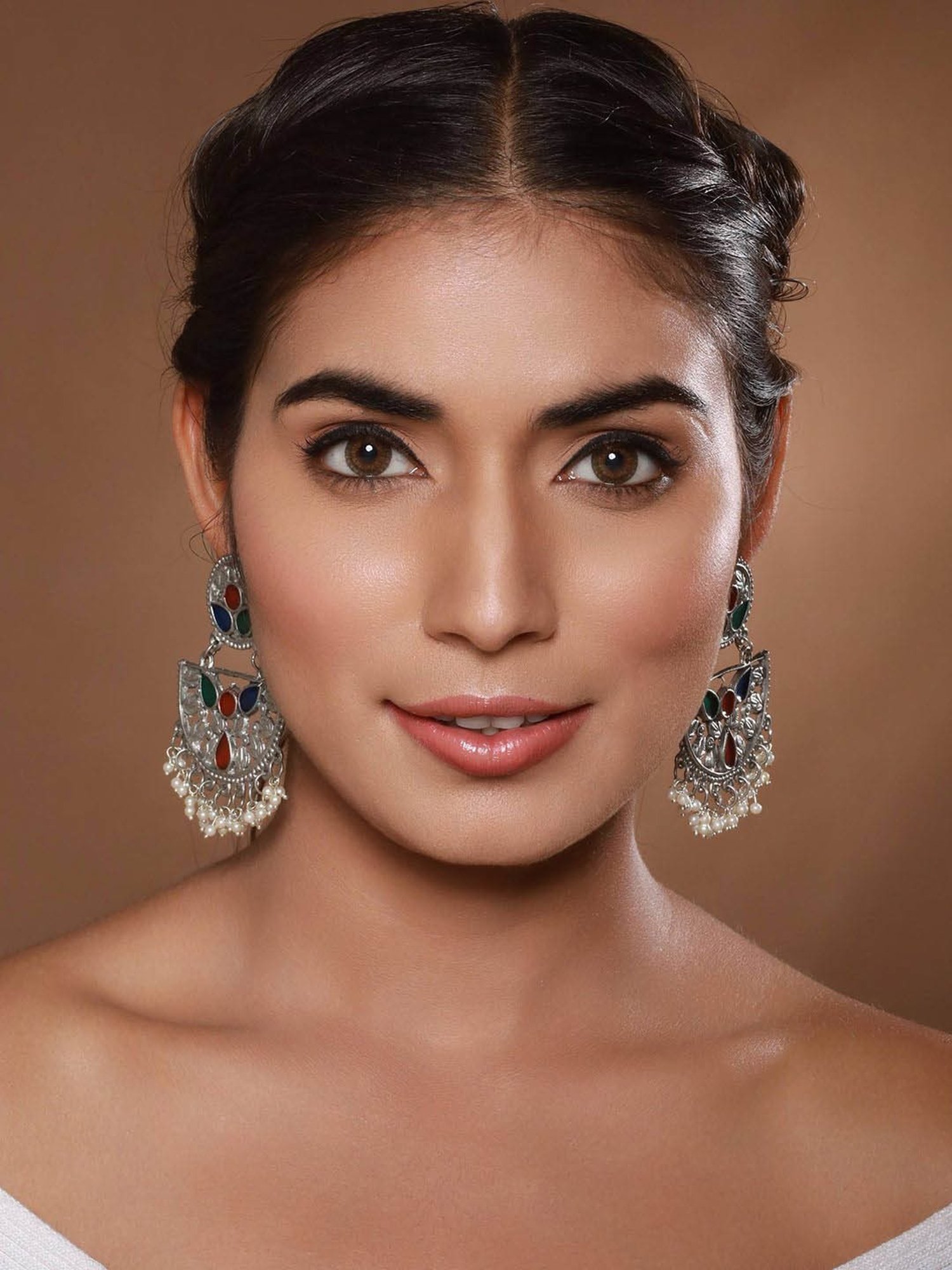 Aatmana Silver-Plated Multi Colored Enamelled & Beaded Chand Bali Earrings for Women