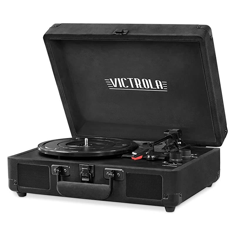 Vintage 3-Speed Bluetooth Portable Suitcase Record Player with Built-in Speakers | Upgraded Turntable Audio Sound| Includes Extra Stylus | Black Velvet (VSC-550BT-BKV)