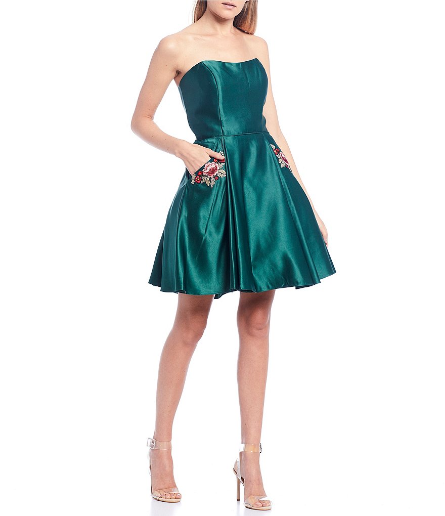 Blondie Nites Strapless Embroidered Pocket Satin Dress