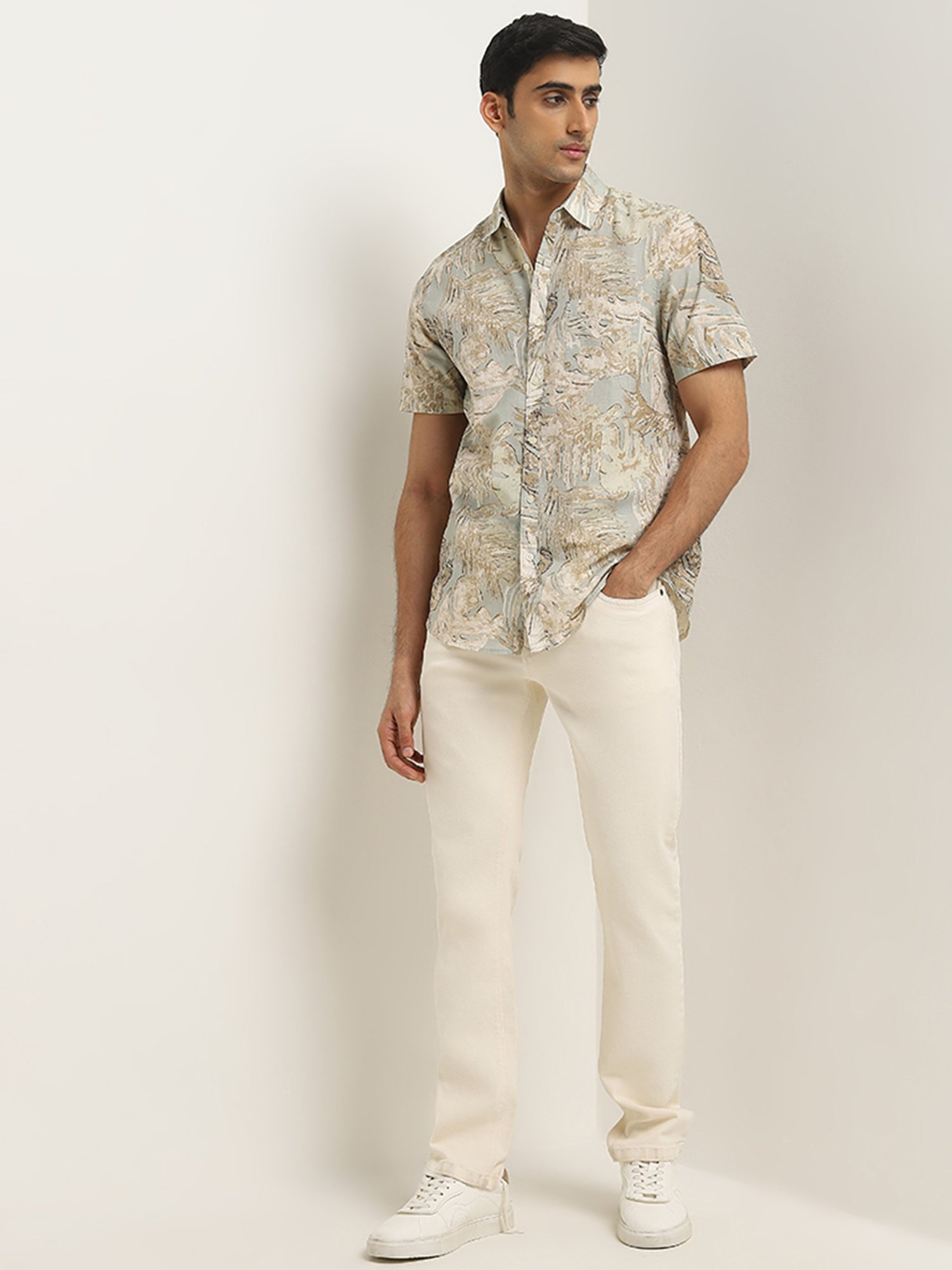 WES Casuals by Westside Beige Leaf Printed Slim-Fit Cotton Shirt