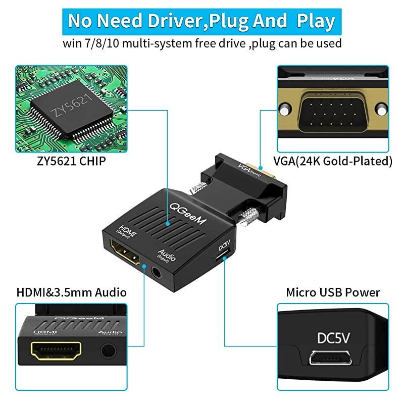 VGA to HDMI Adapter,  VGA to HDMI Adapter with Audio/1080p Video Output, VGA to HDMI (Male to Female) Converter Dongle adaptor for Monitor, Computer, Laptop, Projector, VGA to HDMI Converter