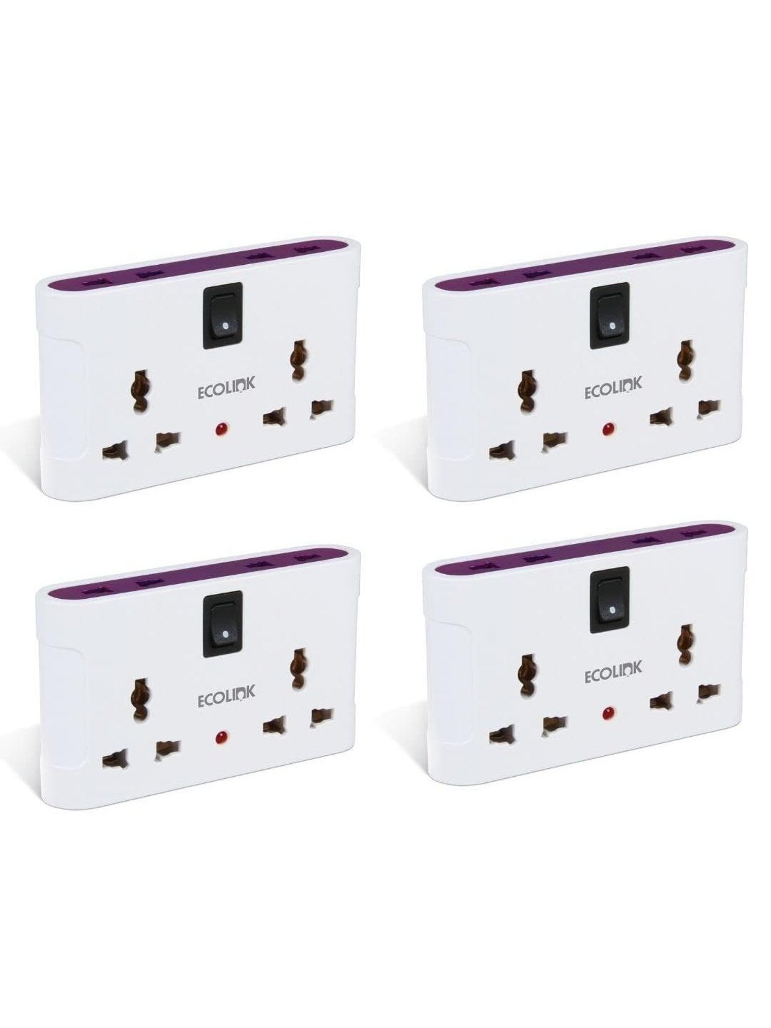 EcoLink Secure 4 way 6A Univeral Mulitplug Adpater Extension Box - Pack of 4 (White & Purple)