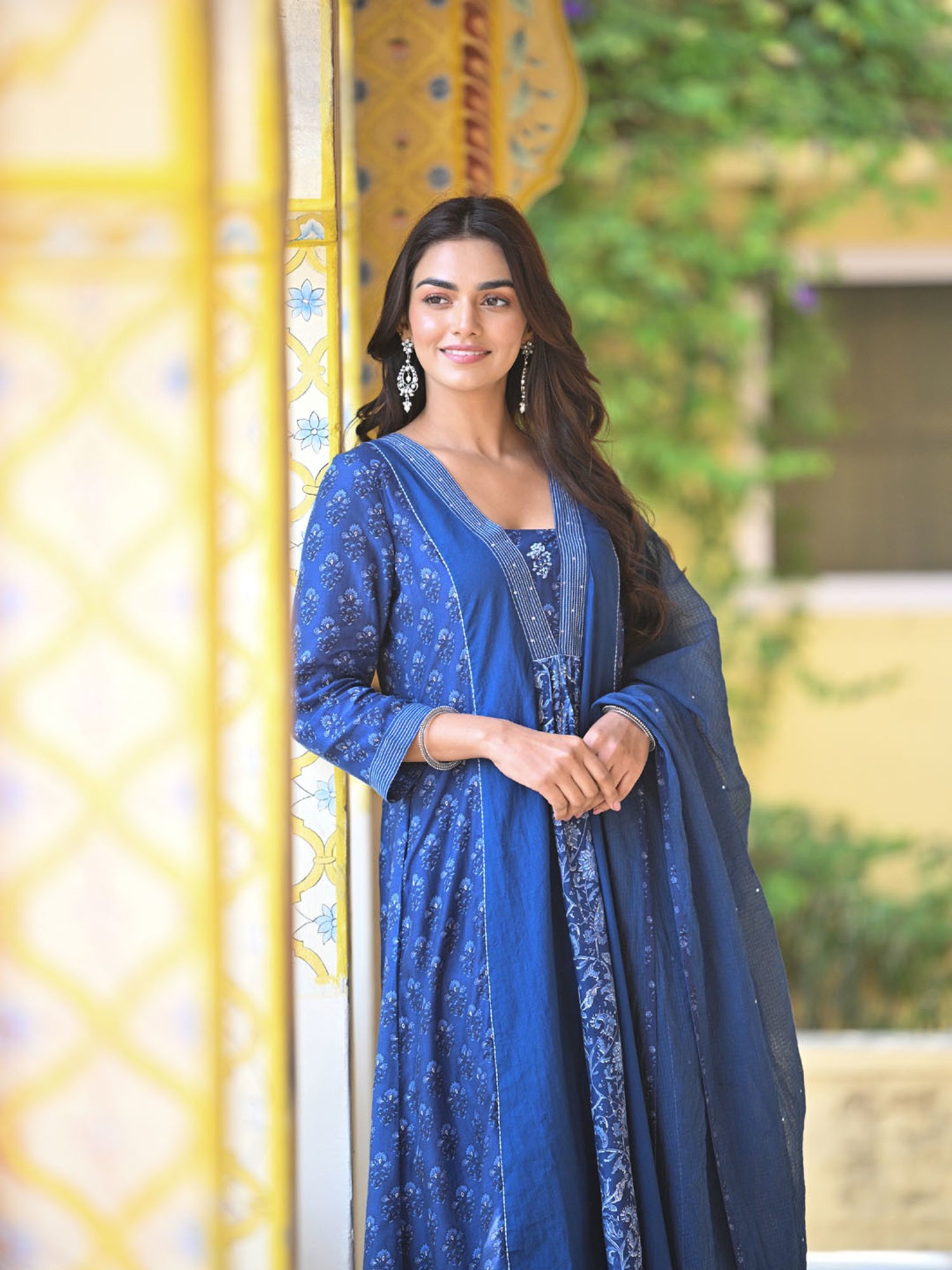 Mahee Jaipur Blue Indigo Block Panel Print Muslin Suit Set With Kota Doriya Dupatta