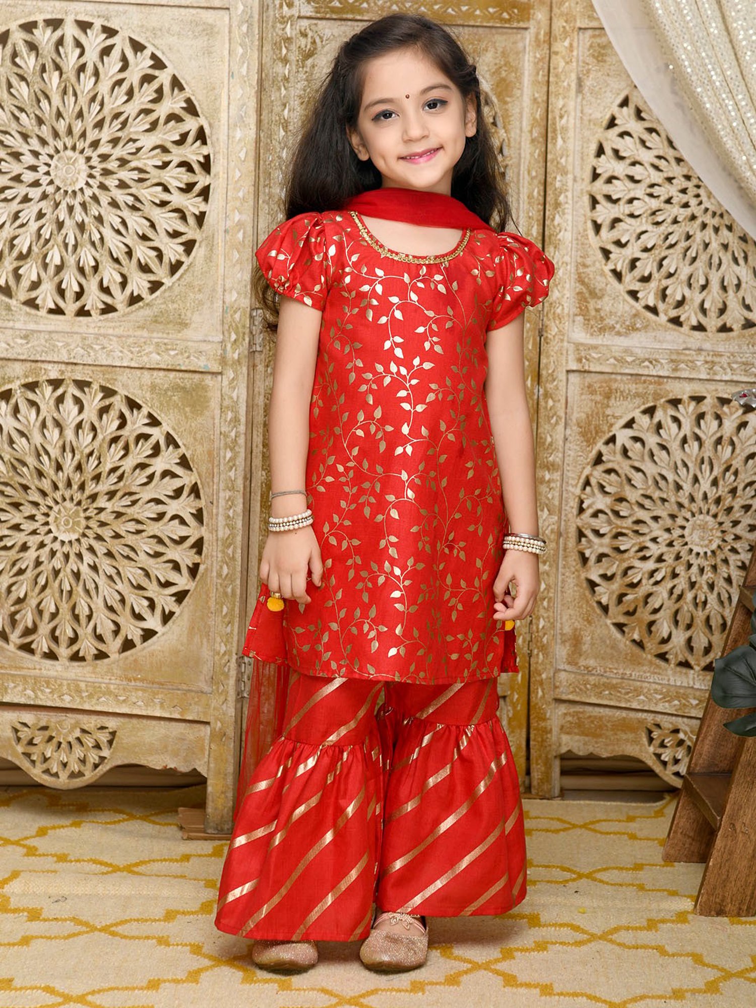 Saka Designs Kids Red & Gold Printed Kurta with Sharara & Dupatta
