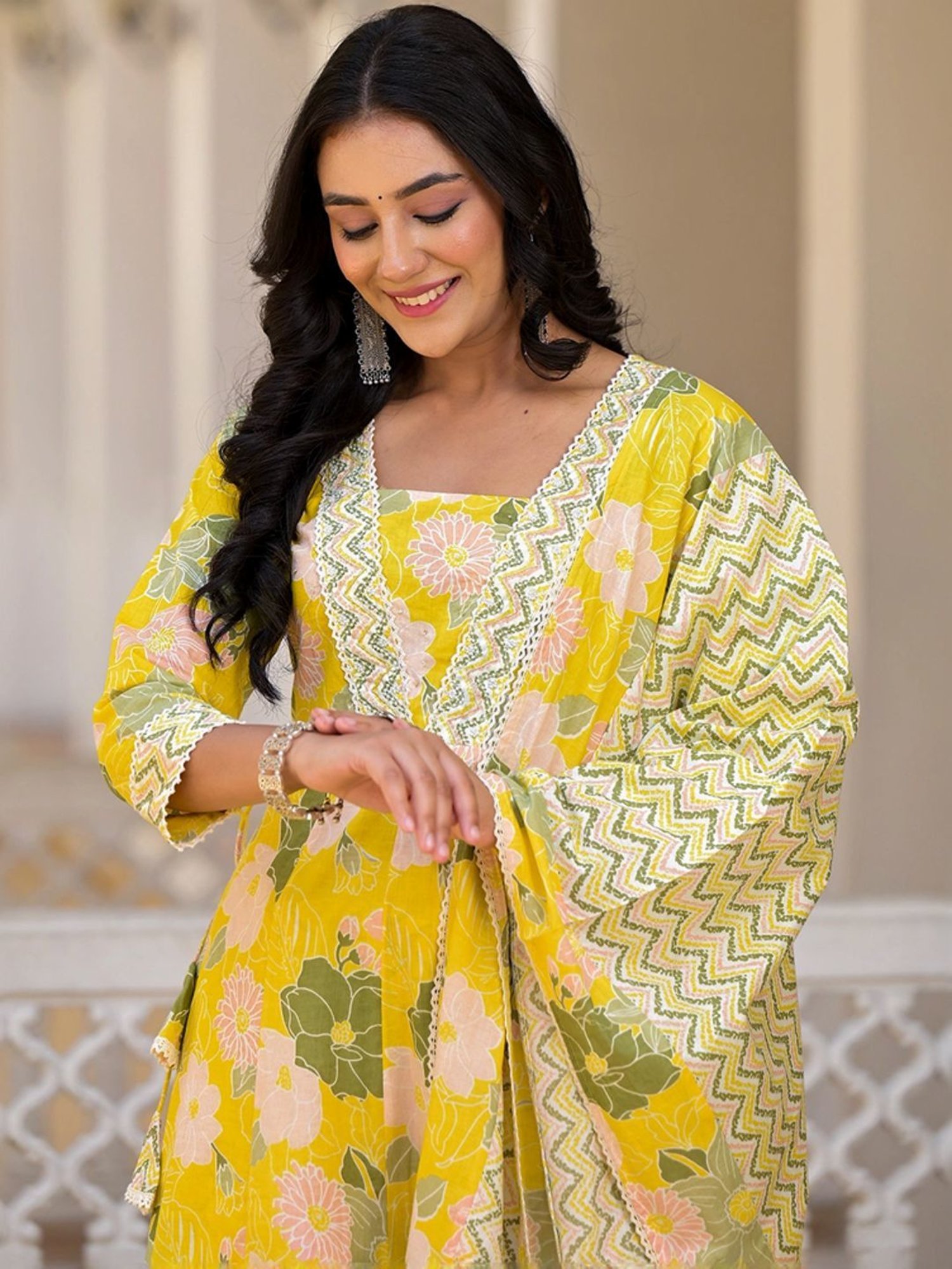 Ishin Yellow & Green Floral Print Kurta & Pants Set with Dupatta