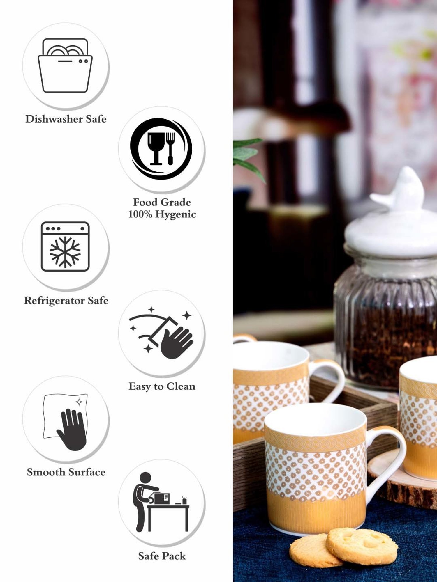 SONAKI White & Beige Bone China Tea Coffee Mugs - Set of 6