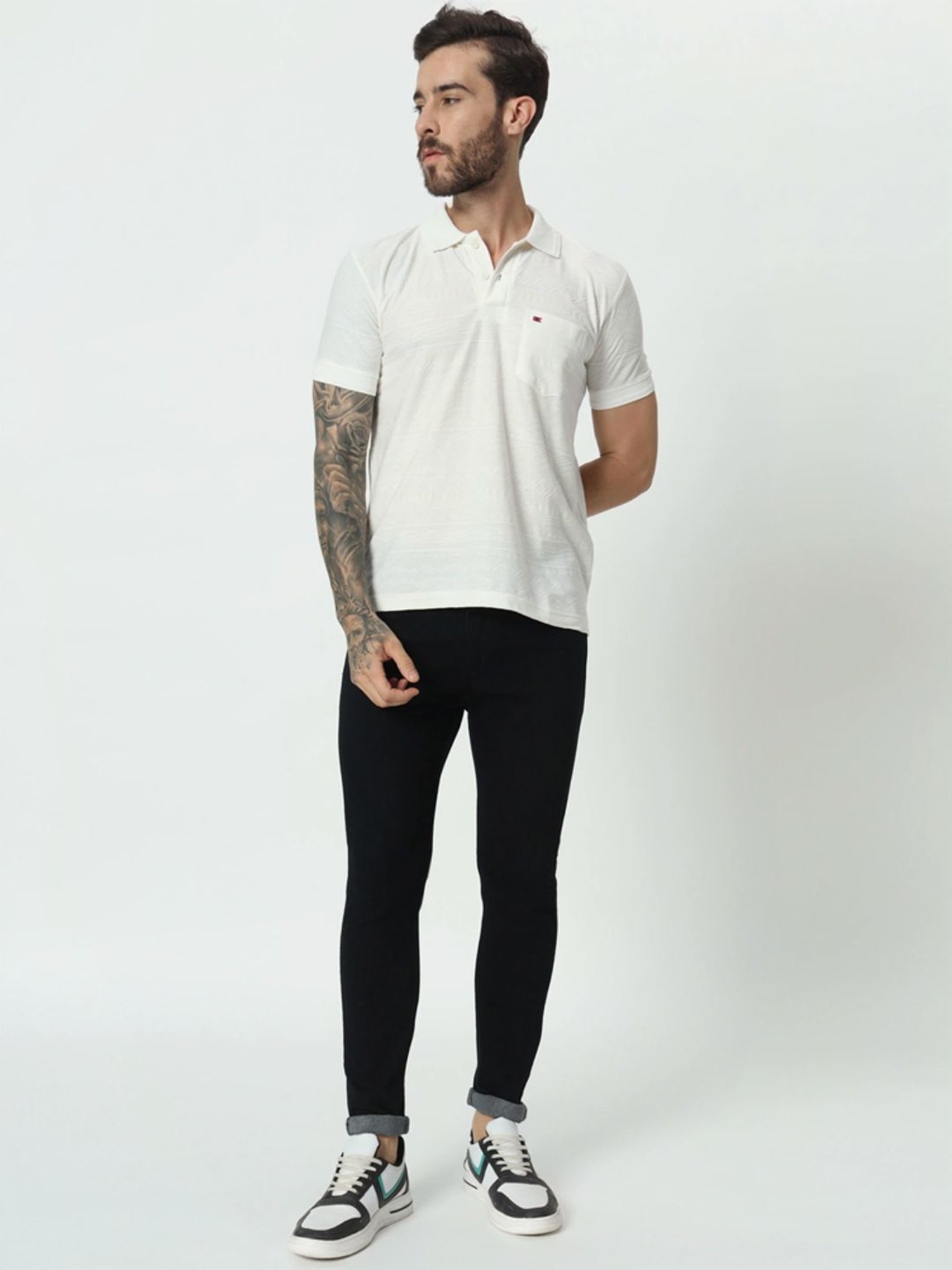 Tab91 White Regular Fit Self Pattern Polo T-Shirts