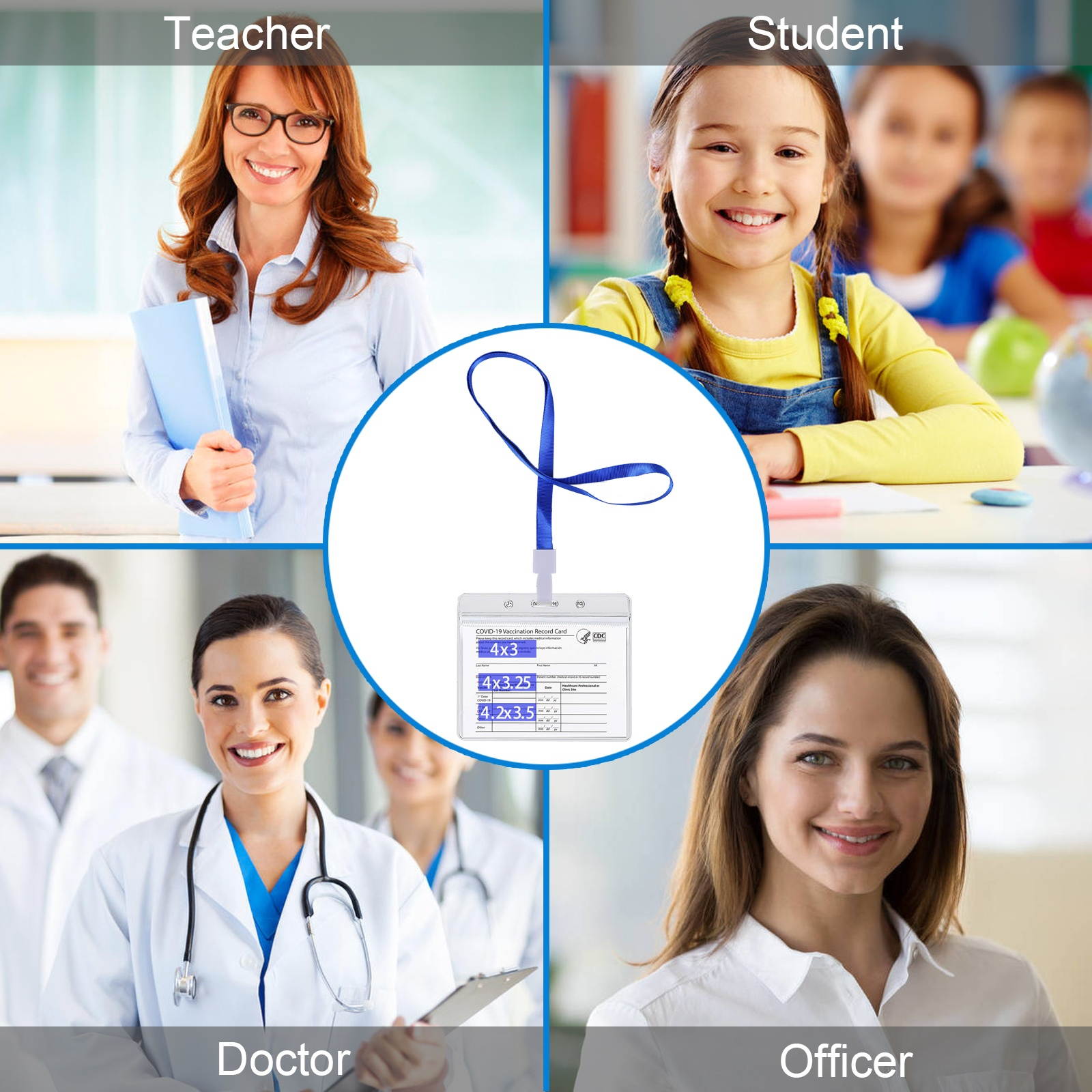 CDC Vaccination Card Protector Fits for 4X3,4X3.25,4.25X3.5 Inches Card, Immunization Record Vaccine Waterproof Cards Holder Clear Vinyl Plastic Sleeve with Resealable Zip 5Packs with Blue Lanyards