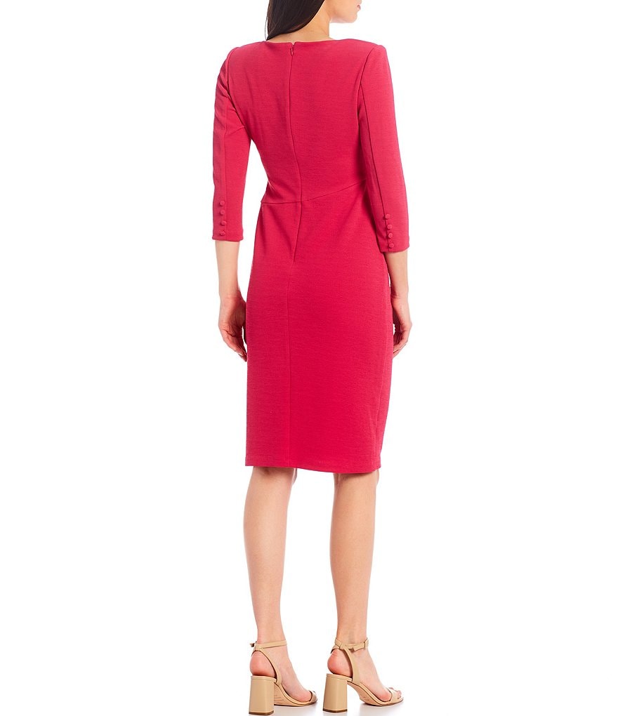 Adrianna Papell Boat Neck 3/4 Sleeve Stretch Crepe Side Ruched Sheath Dress