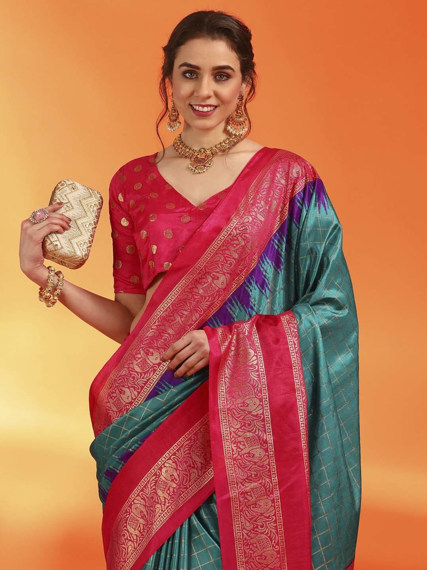 Saree Mall Blue & Pink Silk Printed Saree With Unstitched Blouse