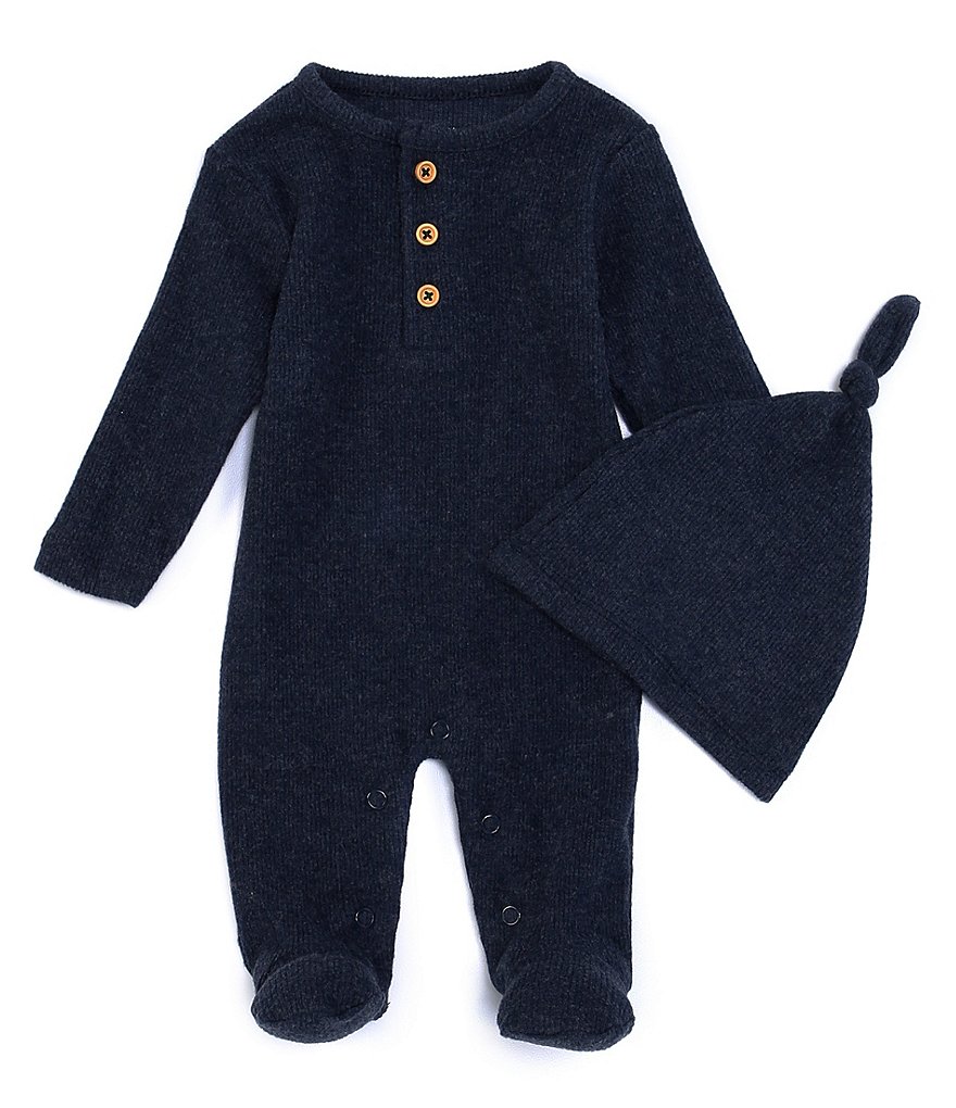 First Wave Baby Boys Newborn-9 Months Ribbed Knit Footed Coverall With Hat